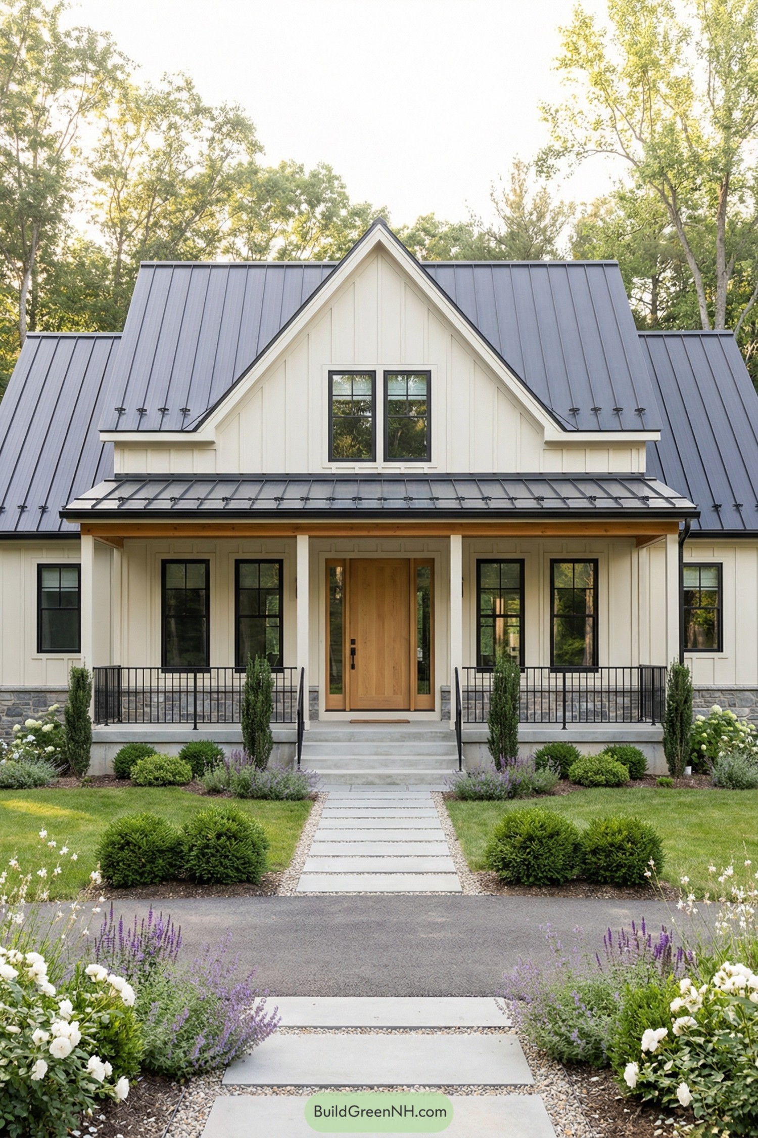 Cream farmhouse with metal roof and front garden