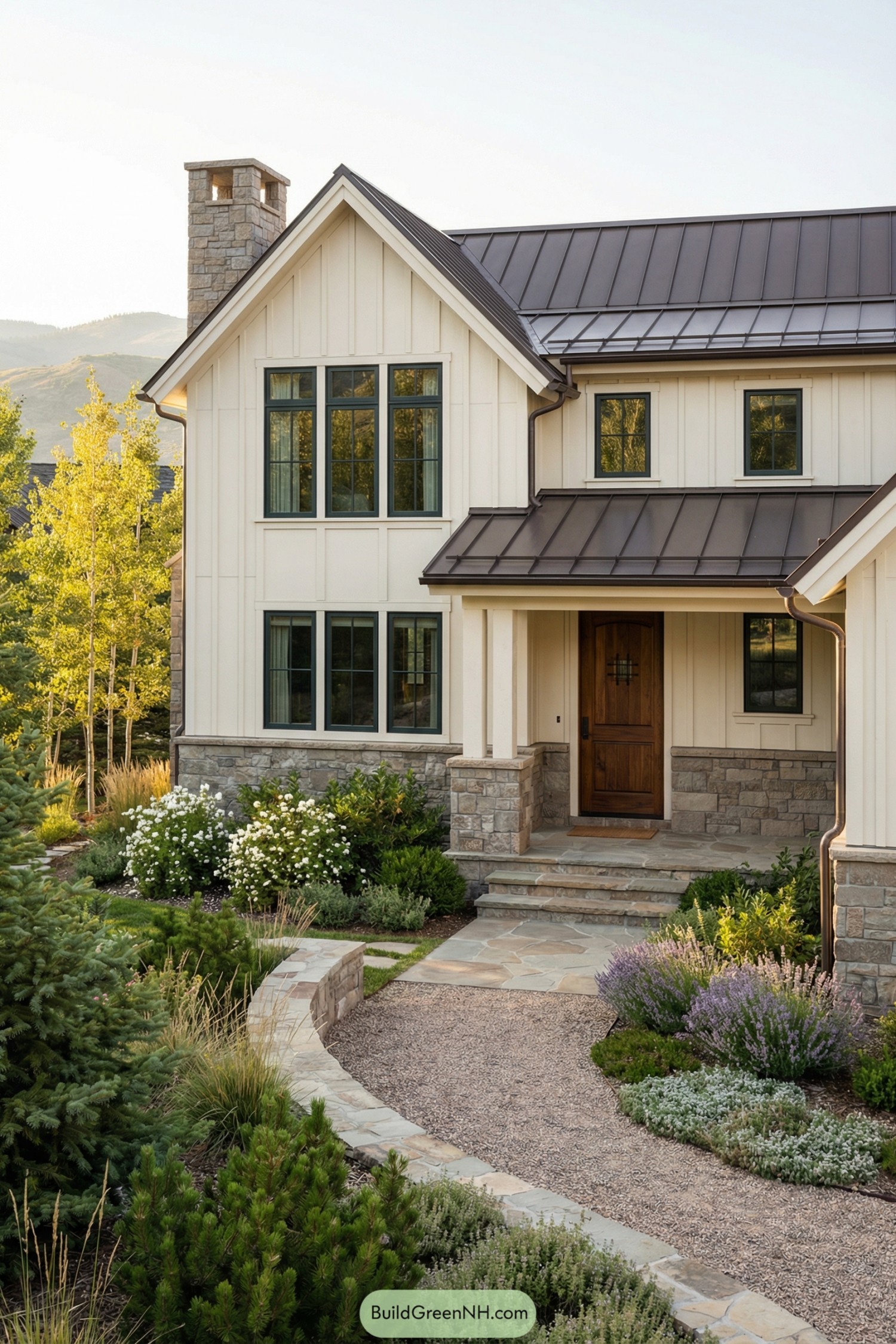 High-res photo of a fully visible modernized American traditional home in a mountain-suburban setting, blending classic gables with refined rustic materials; colors of creamy white siding with deep green-black windows and natural stone in warm gray; two-story structure with multiple gables and a sheltered recessed entry; board-and-batten siding paired with rugged cut stone on lower walls and chimney; dark bronze standing-seam roof with clean snow-shed lines; large casement windows with thin mullions, including a grouped set under a gable peak; solid wood door stained walnut with a small square grille window; stone steps, a wide flagstone landing, and a gently curving gravel path bordered by low stone walls; landscaping of evergreen shrubs, native grasses, and a cluster of aspens; surrounding gardens with white spirea, lavender, and groundcover thyme between stones; crisp late-day light with distant hills visible and the entire house fully framed, single real-life photo, high-resolution, architectural photography, soft lighting, cinematic composition, stunning garden surrounds, strictly no multi image collages.