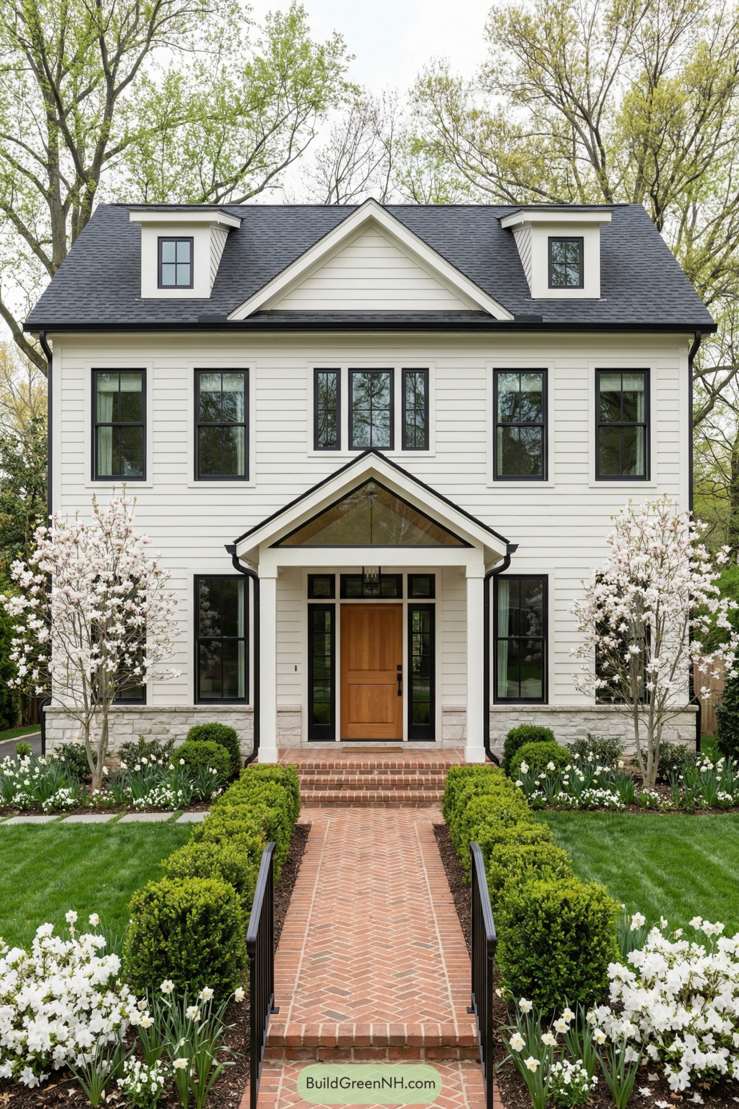 White two story house with black windows, gabled entry porch, brick walkway, and lush flowering front garden