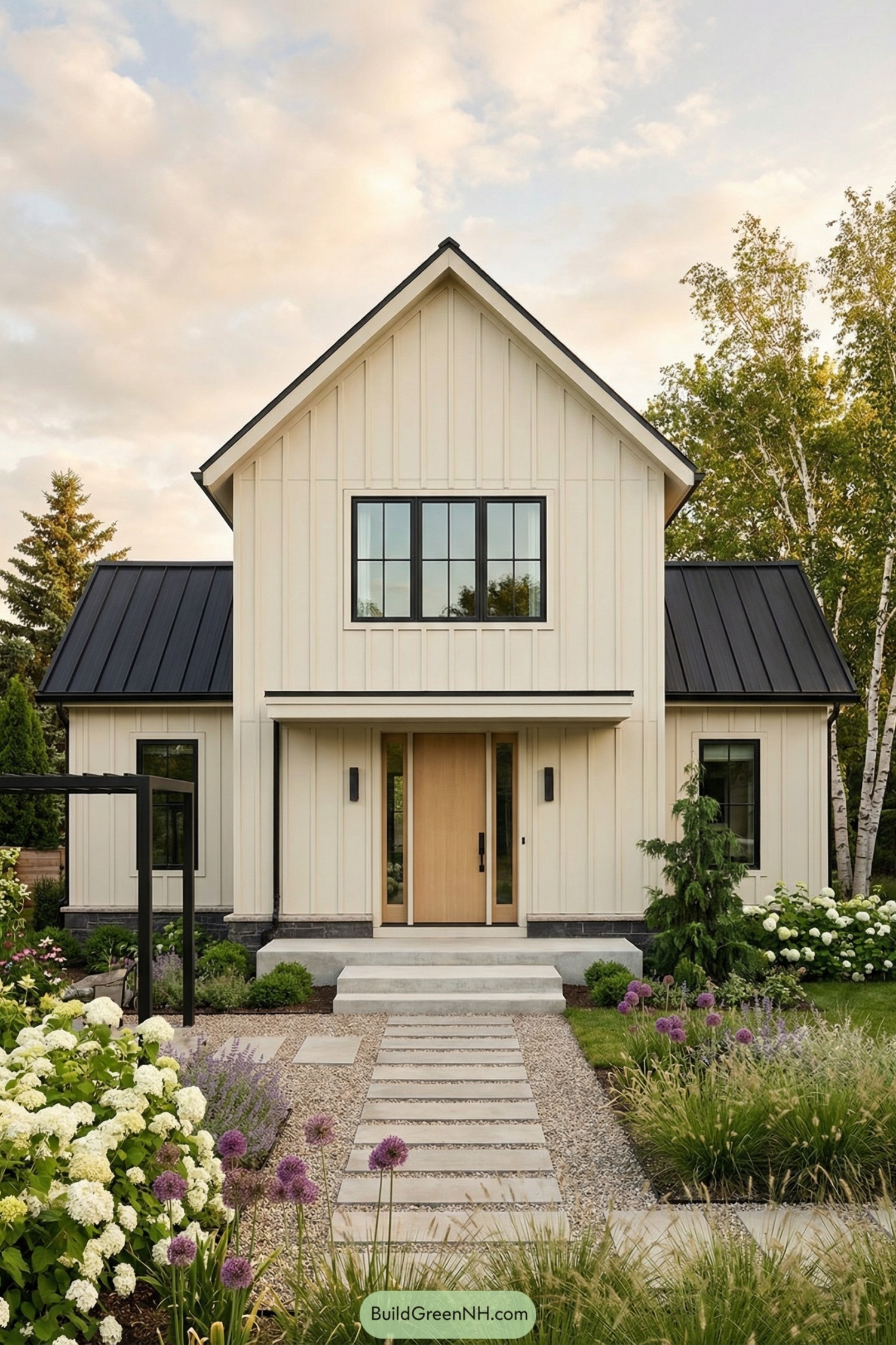 Creamy board and batten farmhouse with black metal roof, wood front door, and structured garden path