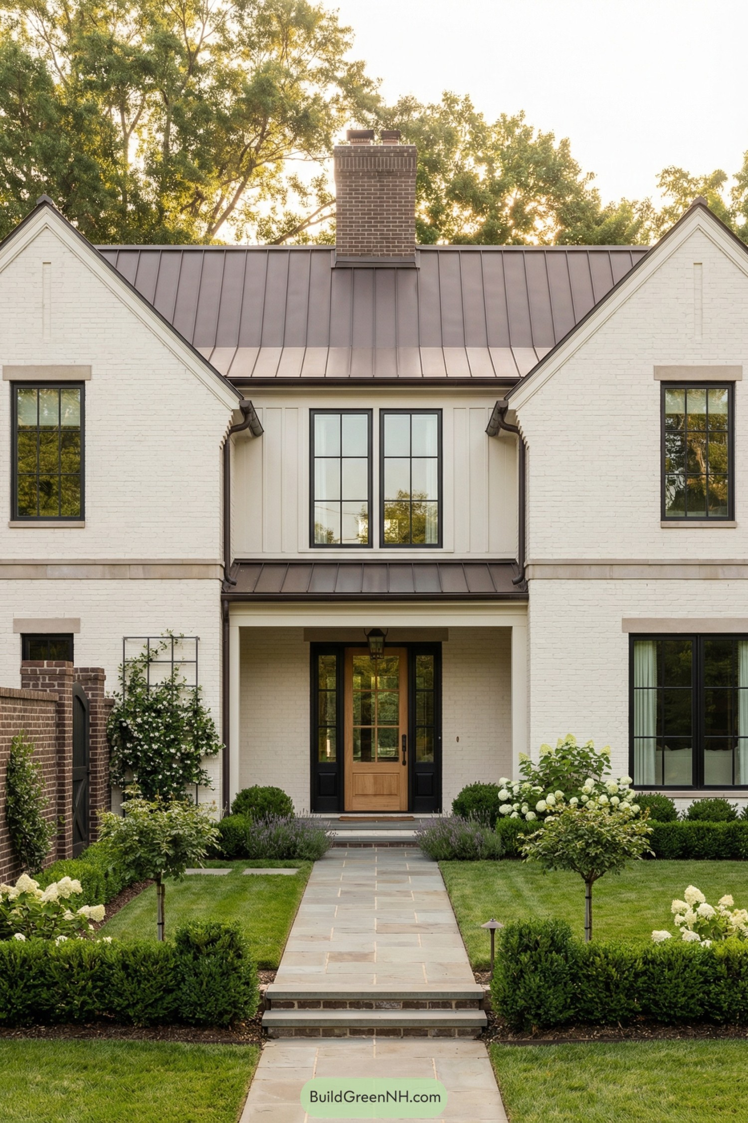White brick gabled house with dark metal roof, black windows, and a neat garden path leading to a warm wood front door