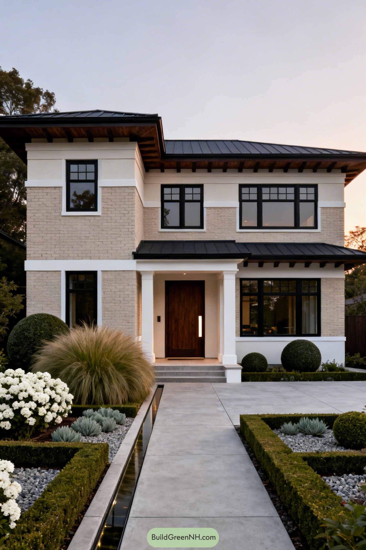 Two story brick house with black framed windows manicured geometric front garden and central concrete walkway. Modern porch with wood front door metal roof accents and clipped boxwood hedges
