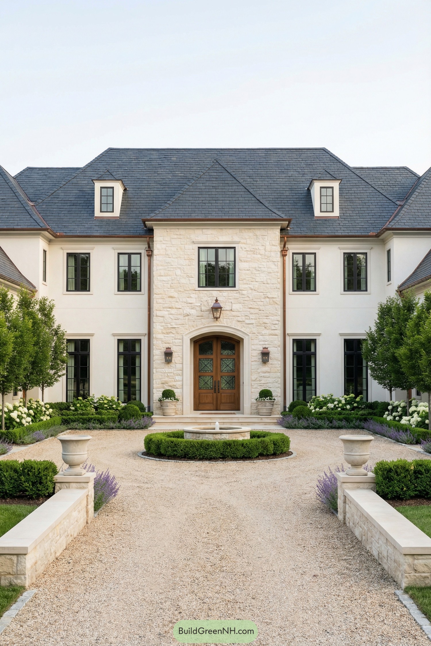 Elegant stone manor with gravel drive and central fountain