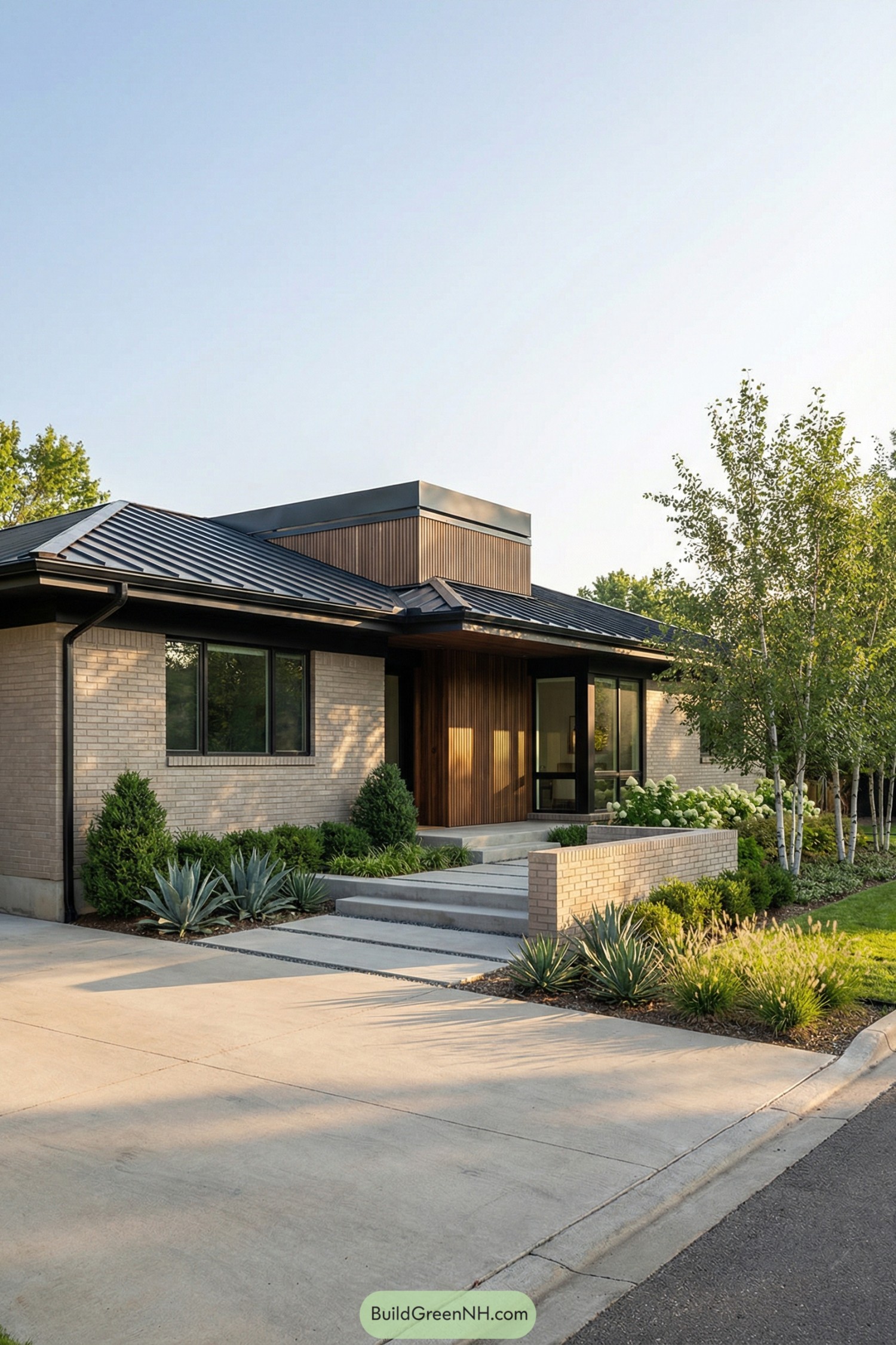 Single story modern house with brick and wood exterior and clean landscaping