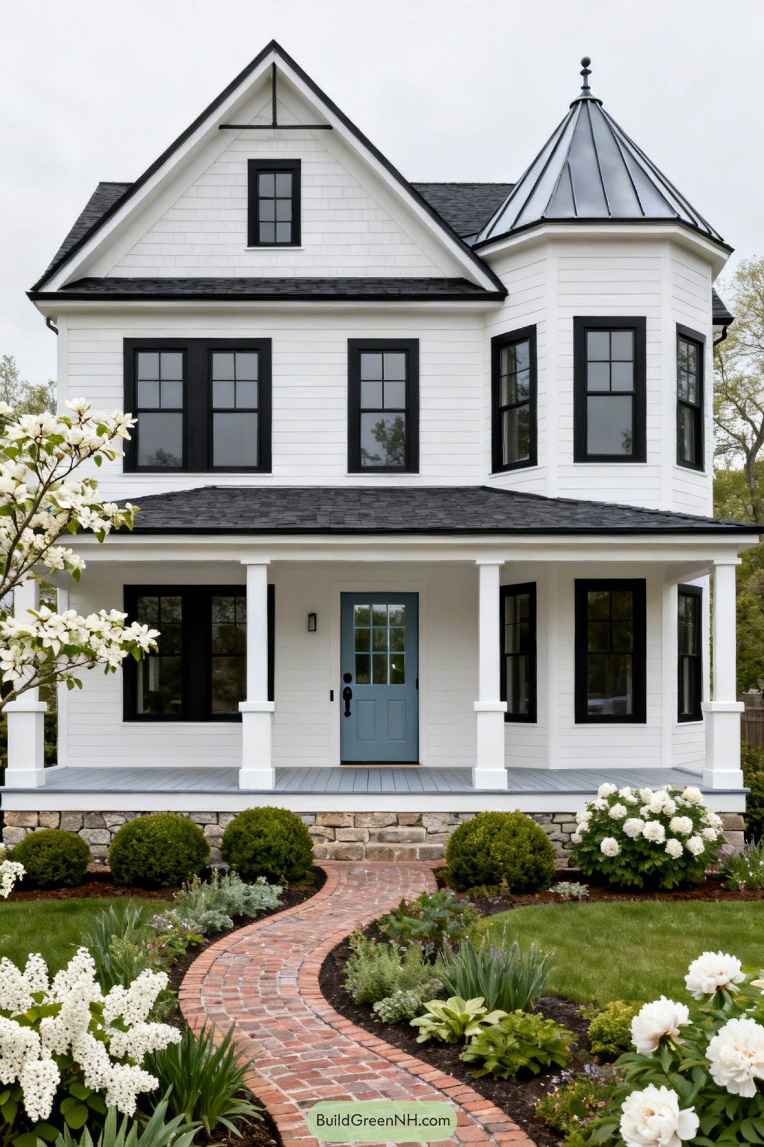 White two story white house with black windows a blue front door and curved brick path through flowered garden