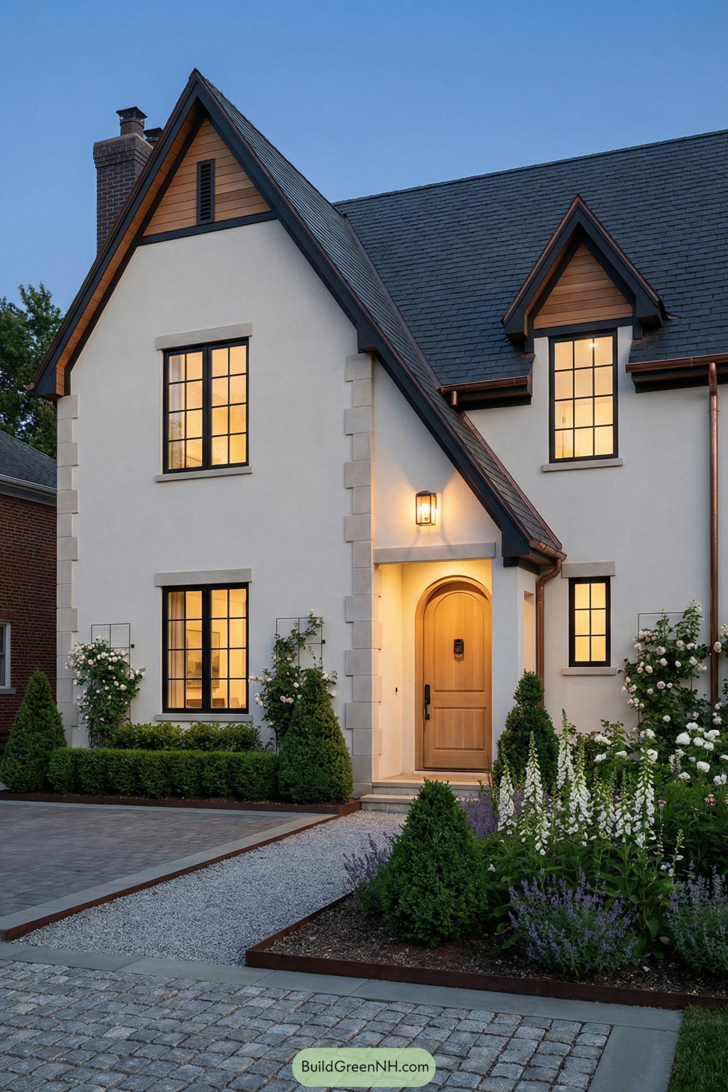 Cream stucco gabled house with warm lighting and lush front garden