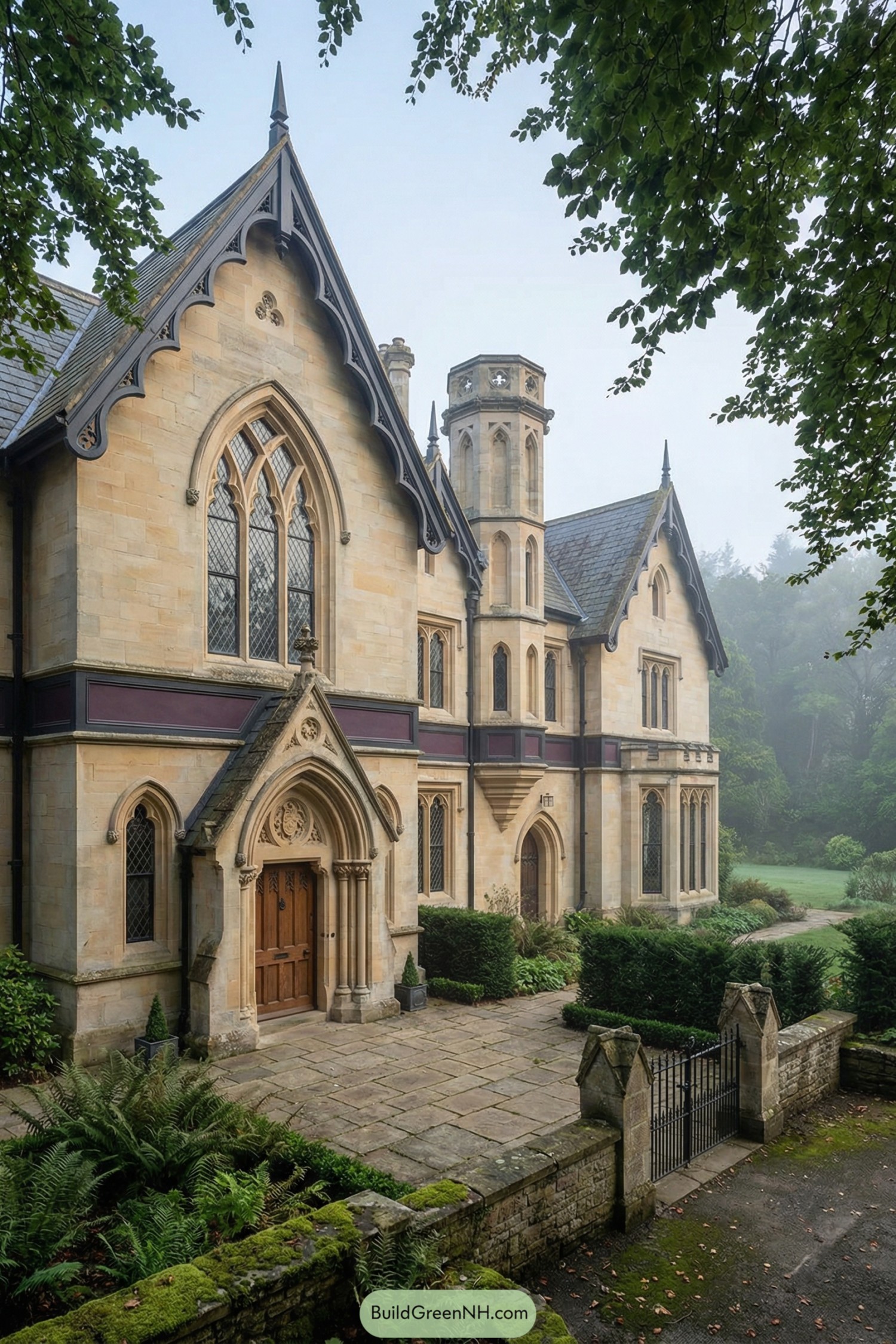high-res photo of a Gothic Revival Victorian Old Money manor with a dramatic facade of pointed arches, steep gables, and carved vergeboards, anchored by a slender, octagonal stair-tower element; pale honey limestone contrasted with dark graphite trim and subtle deep-plum accents in select panels; an L-shaped composition with a prominent front gable and a recessed side wing; finely jointed limestone ashlar with carved tracery panels and buttress-like vertical piers; steep slate roofing with ornate ridge tiles and small gabled dormers; tall lancet windows with leaded diamond panes and stone mullions, including a large pointed-arch window in the main gable; a carved oak door beneath a pointed-arch stone surround with clustered columns and a shallow tympanum; a flagstone forecourt, low stone retaining walls, and an iron gate opening to a straight path; yew hedges, fern beds, and mossy stone borders under mature beech trees; a misty garden edge blending into a wooded backdrop with filtered light; cool, fog-laced ambiance emphasizing silhouettes and verticality, single real-life photo, high-resolution, architectural photography, soft lighting, cinematic composition, strictly no collages.