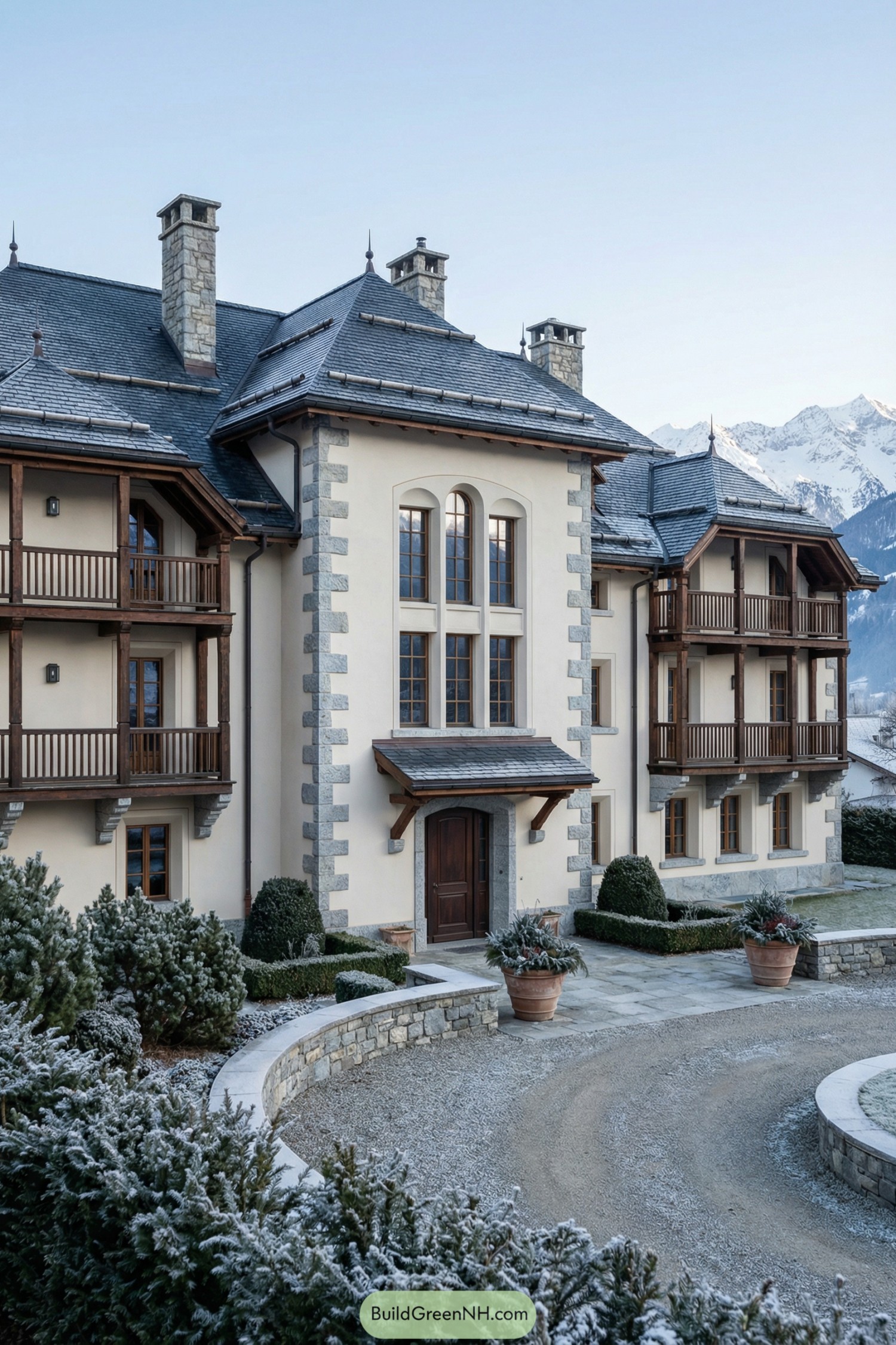 Grand cream stucco manor with stone accents and timber balconies set before snowy mountains