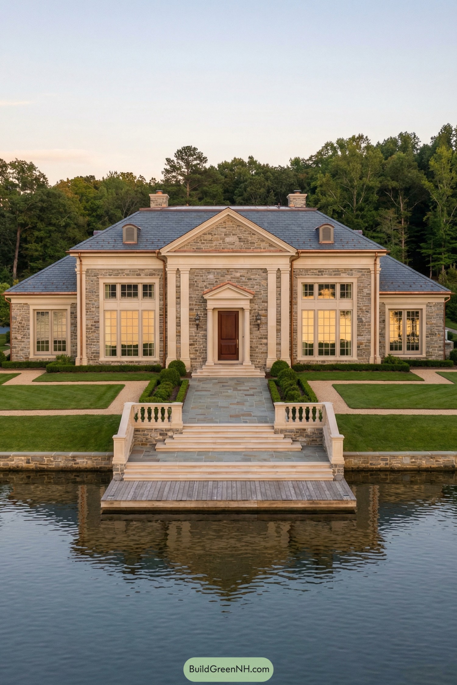 Elegant stone waterfront house with grand central entrance and manicured lawns