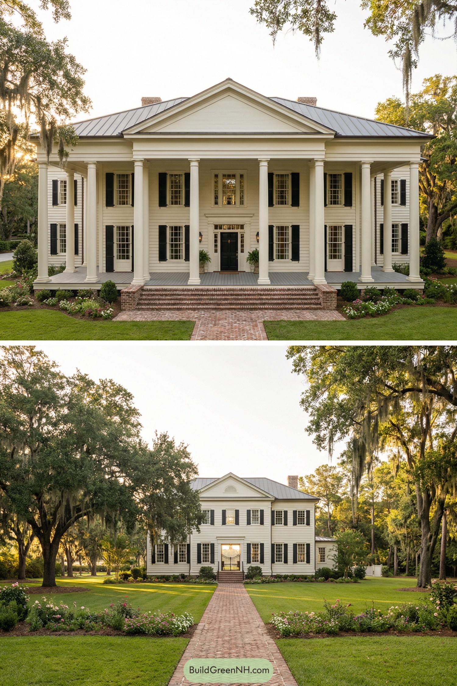 Large white columned mansion with brick path and manicured lawn framed by mature trees