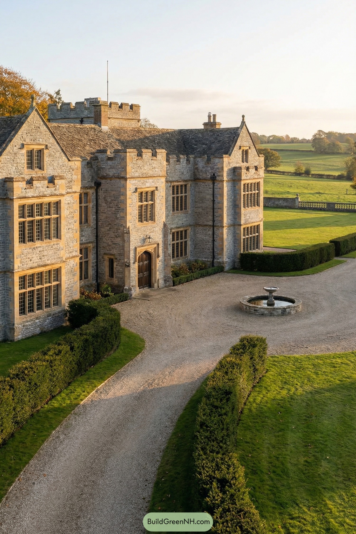 Stone country manor with courtyard fountain