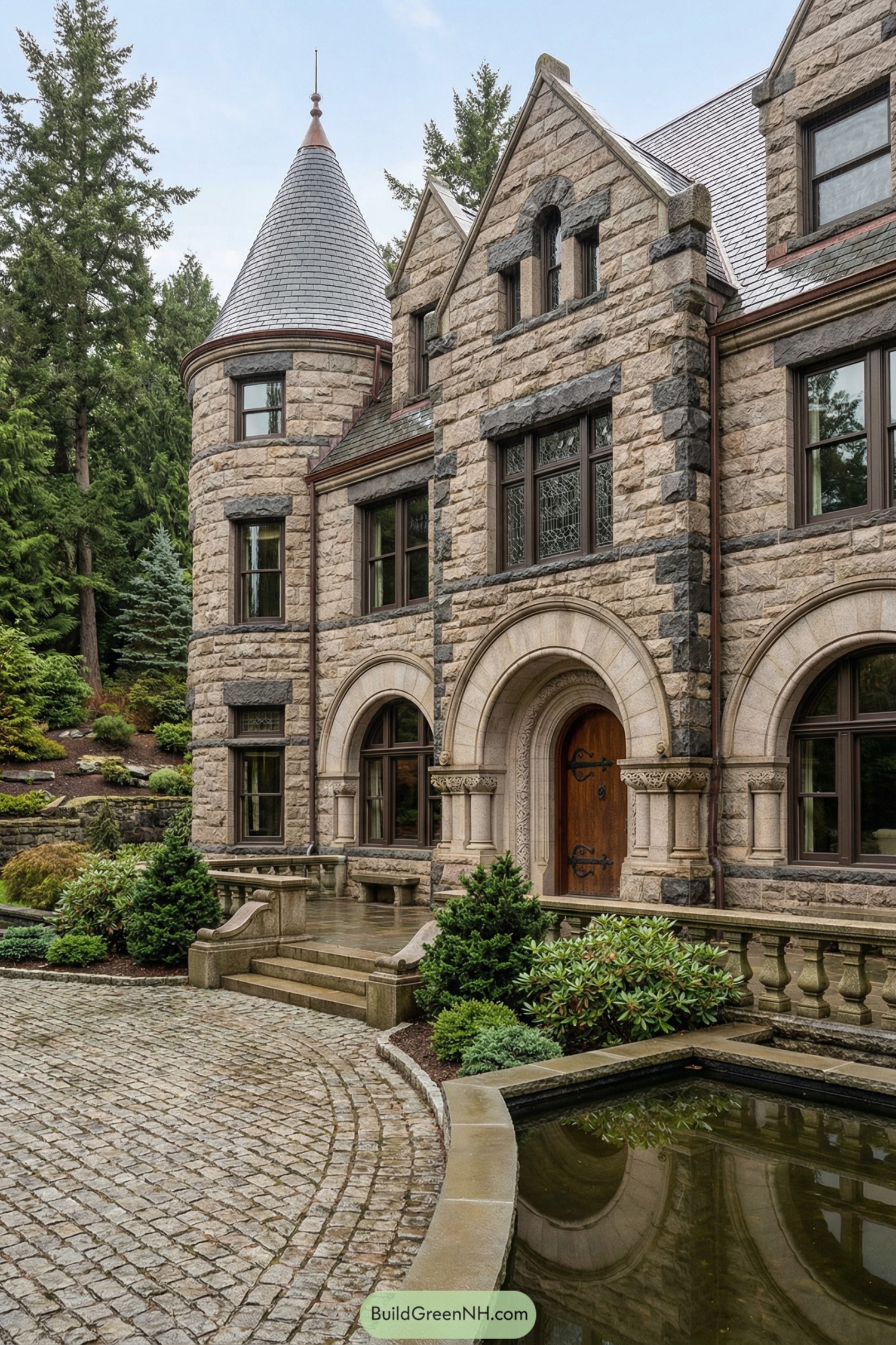Stone Victorian manor with round turret and reflecting pond