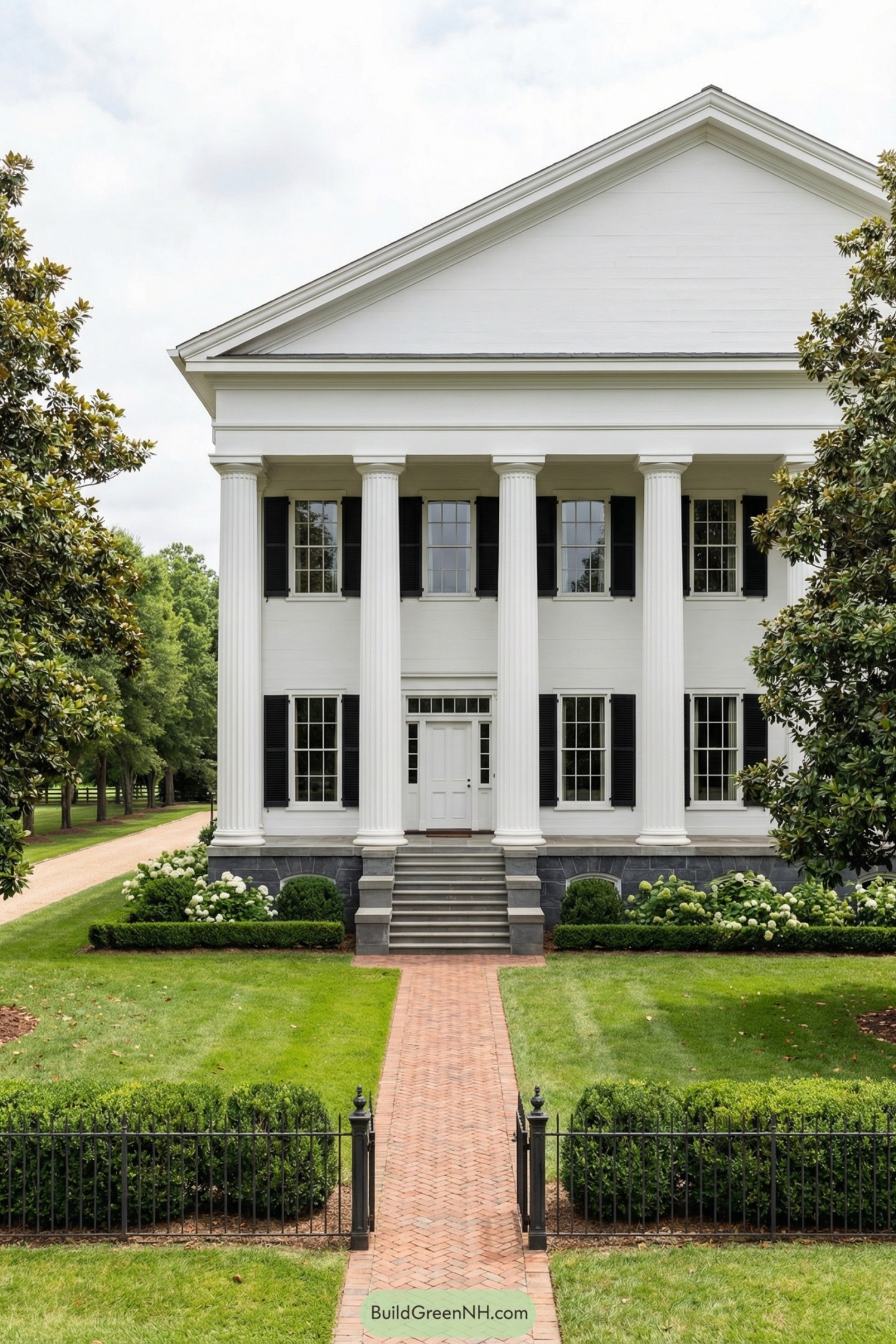 Grand white mansion with tall columns and manicured front lawn