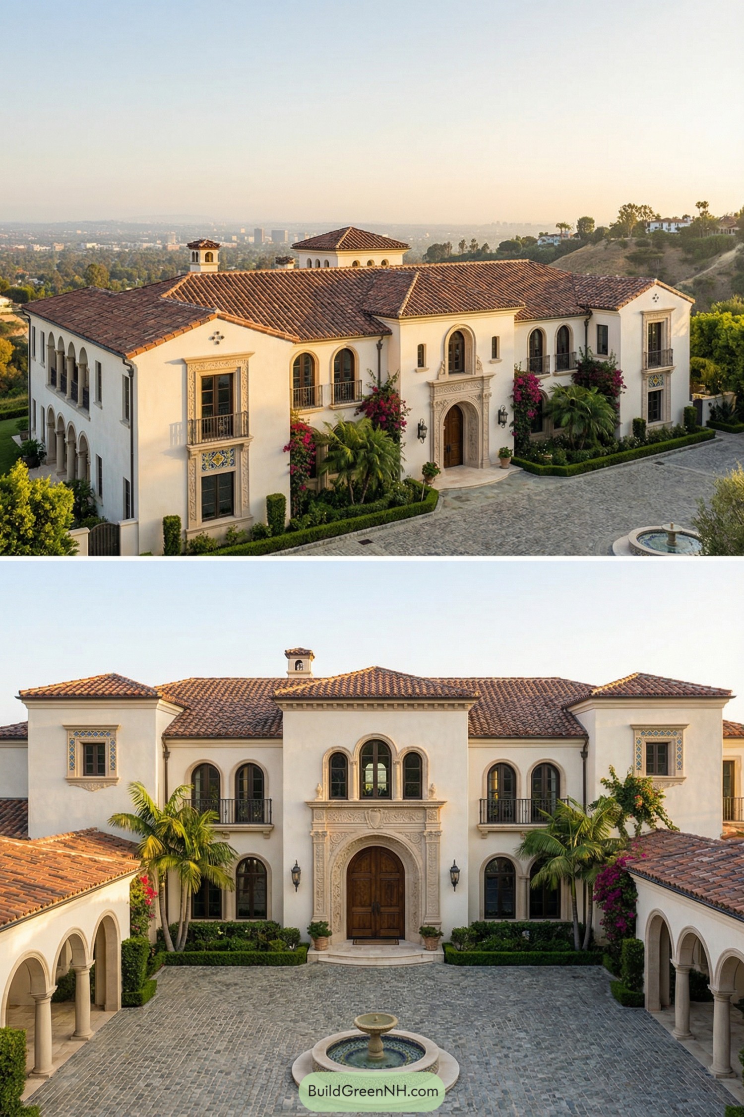 Large Mediterranean style mansion with red tile roofs, central cobblestone courtyard, and arched facades overlooking a city view
