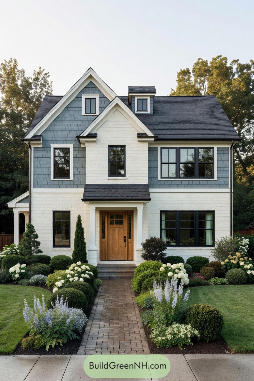 Two story house with blue shingle gables white brick walls and a brick walkway framed by lush flowering shrubs