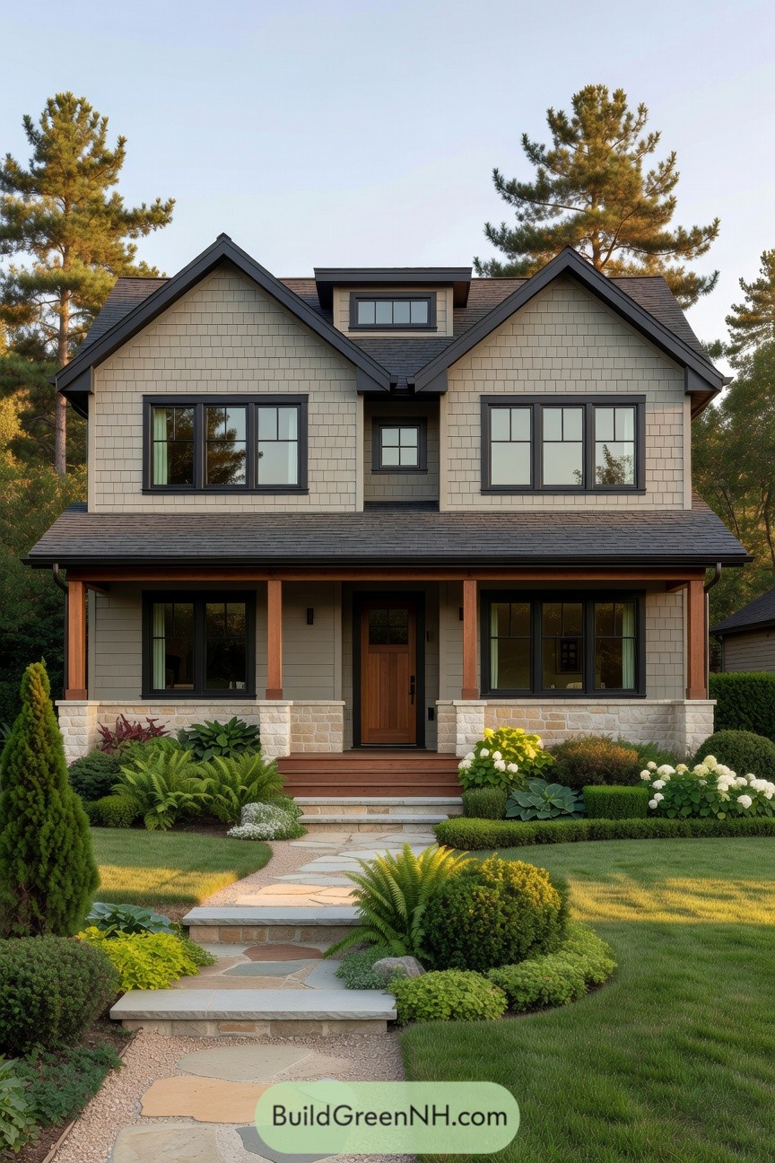 Two-story shingle house with deep front porch and layered garden path