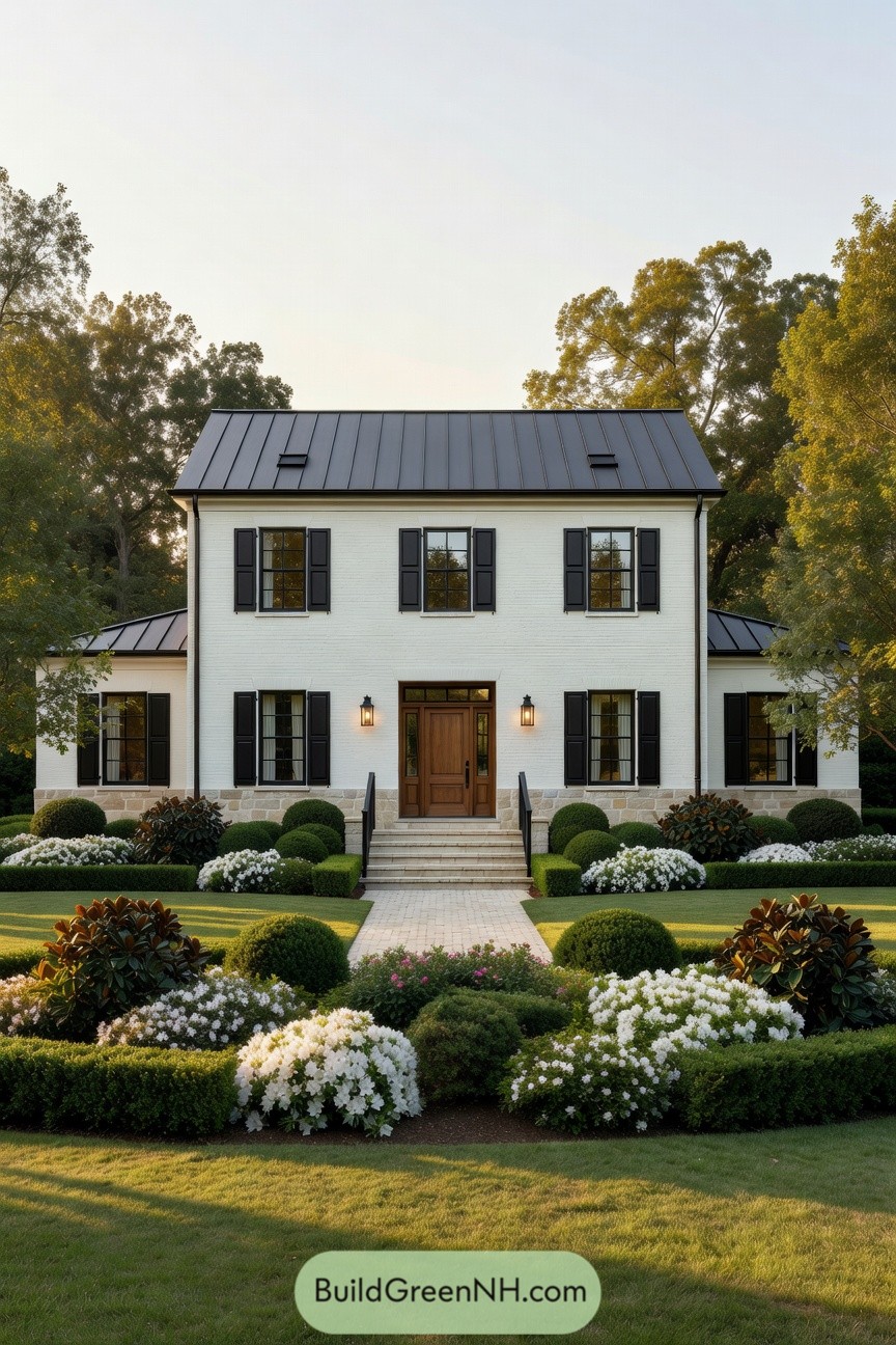 Two story white colonial home with black shutters metal roof and formal sculpted front garden