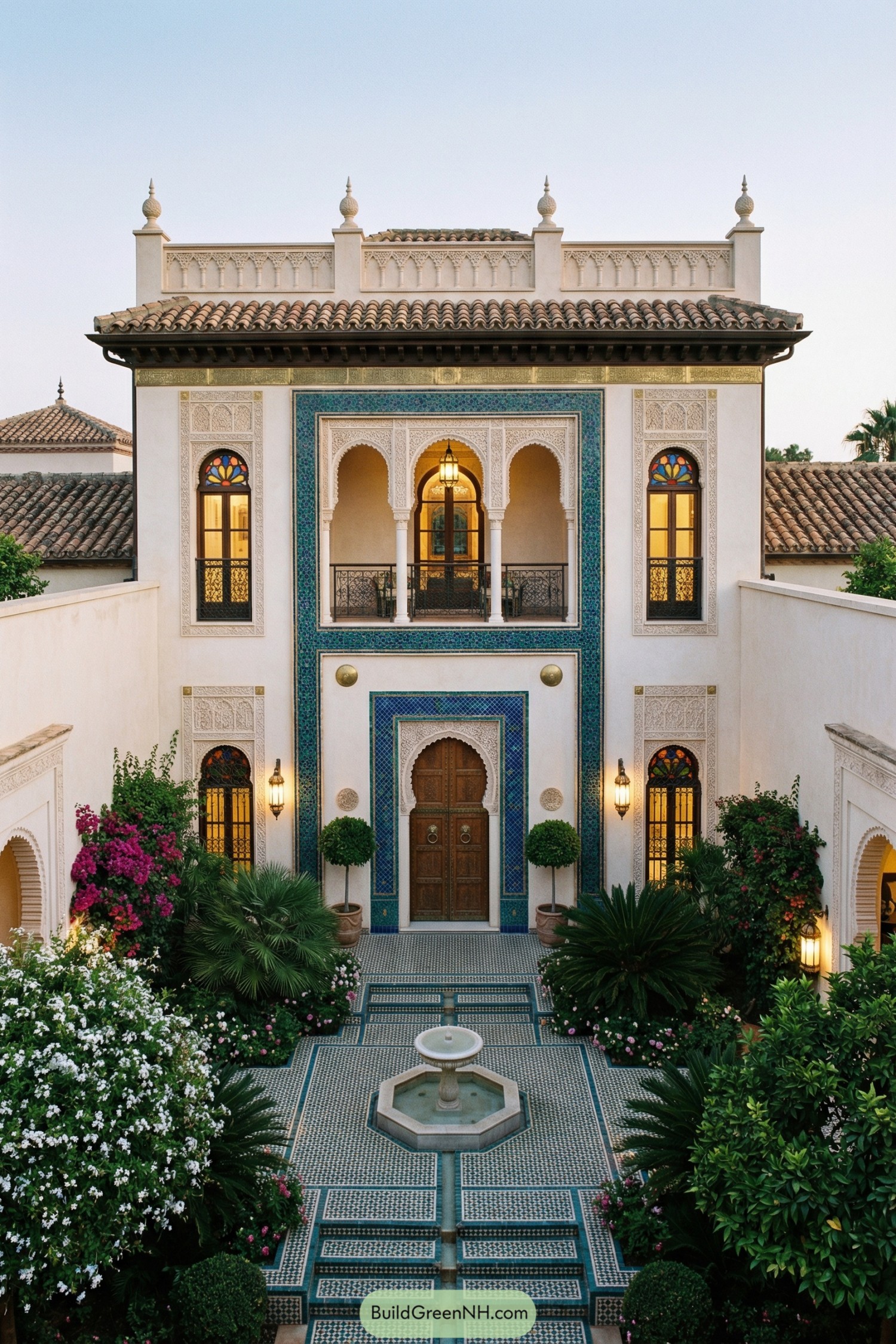 High-res photo of a Moorish-influenced Spanish courtyard-front home with horseshoe arches and intricate geometric tilework framing the entry loggia, alabaster stucco with deep teal and ultramarine tile accents and brass highlights, a two-story rectangular structure with a central recessed bay, stucco over stone masonry with carved plaster relief panels around the arches, terracotta tile roof with a slightly raised parapet and decorative finials, tall narrow windows with arched tops, filigree iron grilles, and colored glass transoms, a richly carved wooden door with metal ring knockers set within a tiled arch, a stepped mosaic-tile forecourt leading to the loggia and flanked by low water channels, lush planting of jasmine, bougainvillea, palms, and sculpted topiary around a central octagonal fountain, enclosed by high stucco walls with glimpses of tiled rooftops beyond, twilight-blue ambiance with warm lantern glow and soft shadows, single real-life photo, high-resolution, architectural photography, soft lighting, cinematic composition, strictly no collages.