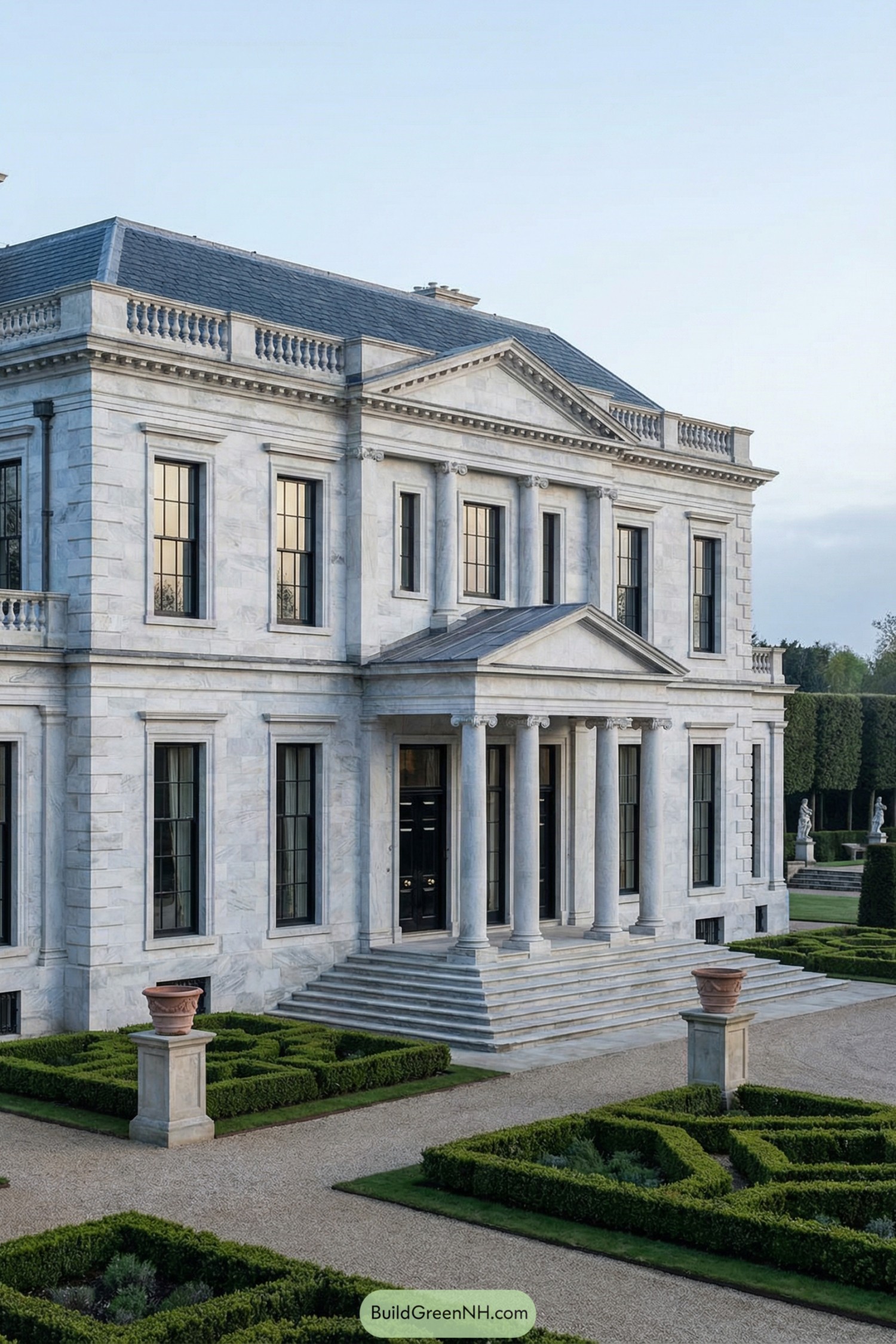 Grand marble mansion with columned portico and manicured parterre gardens