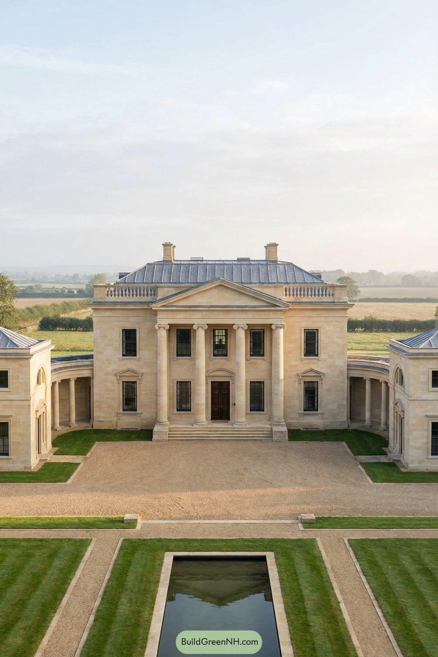 High-res photo of a Palladian-inspired country seat with a temple-front facade of fluted Ionic columns and a triangular pediment set against a disciplined, balanced elevation, pale honey limestone contrasted with matte black window frames, a central cubic block linked by curved colonnaded hyphens to two square pavilions, smooth ashlar stone with crisp classical moldings, a low-pitched lead-coated roof behind a balustraded parapet, tall sash windows arranged in strict vertical alignment with stone architraves, a grand central door in dark stained wood with a rectangular transom and sidelights, a shallow stone stair and axial gravel drive leading to the portico, manicured lawns with ribbon-edged paths and a formal reflecting pool aligned to the entry, open countryside with distant hedgerows and a broad sky, early morning haze softening the horizon, single real-life photo, high-resolution, architectural photography, soft lighting, cinematic composition, strictly no collages.