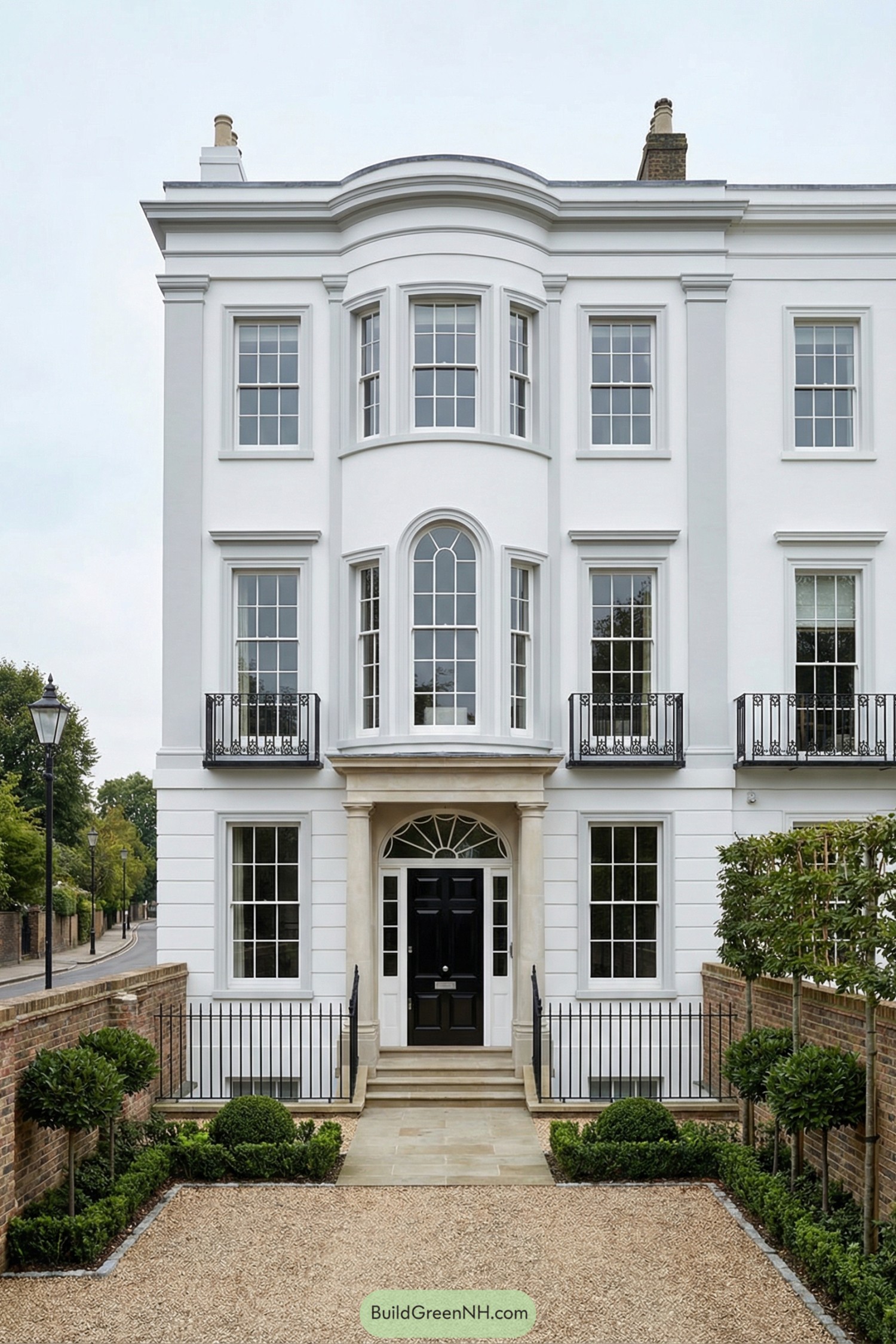 White three story townhouse with arched central bay windows black front door and small formal front garden