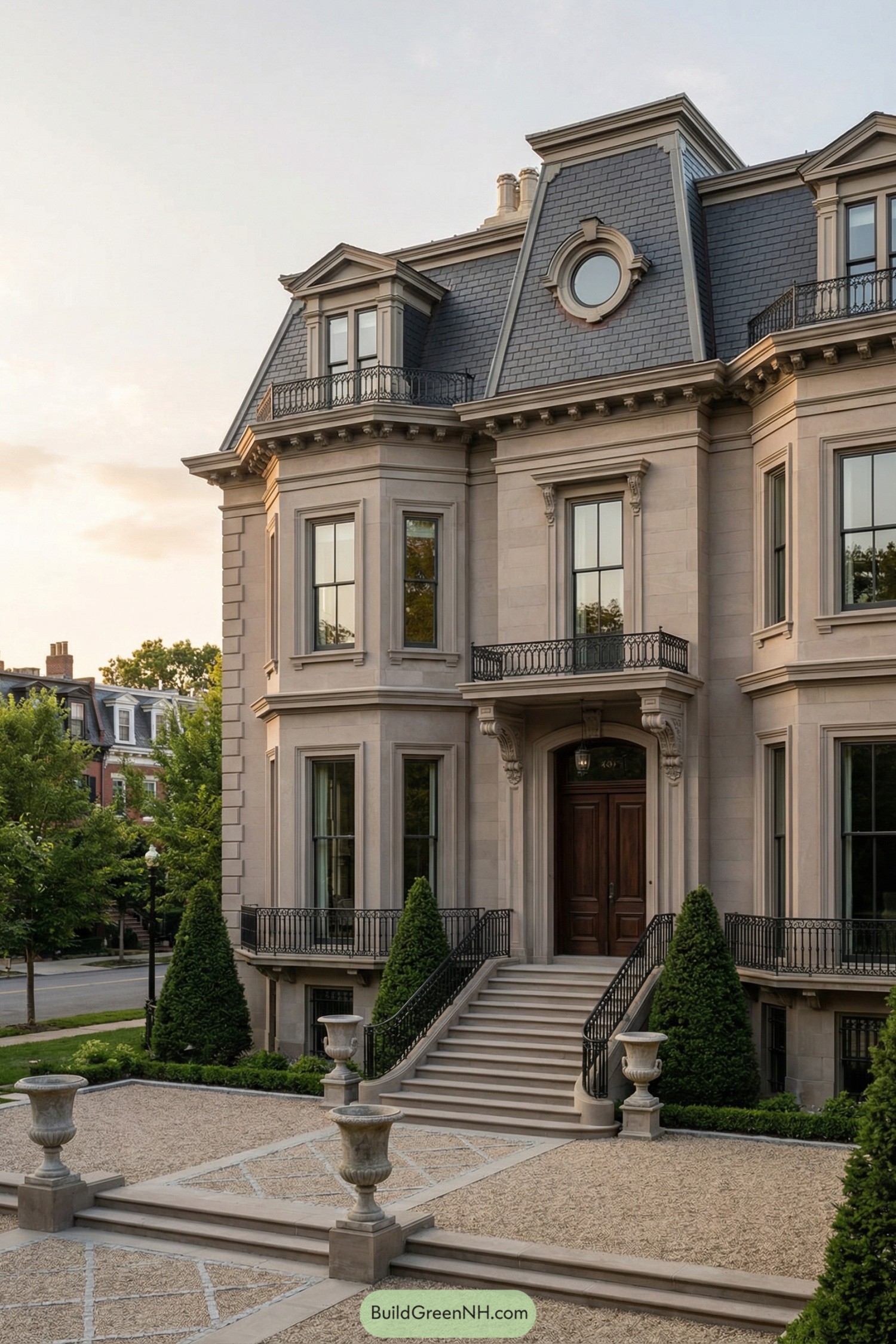 Grand stone townhouse with mansard roof and formal entry steps