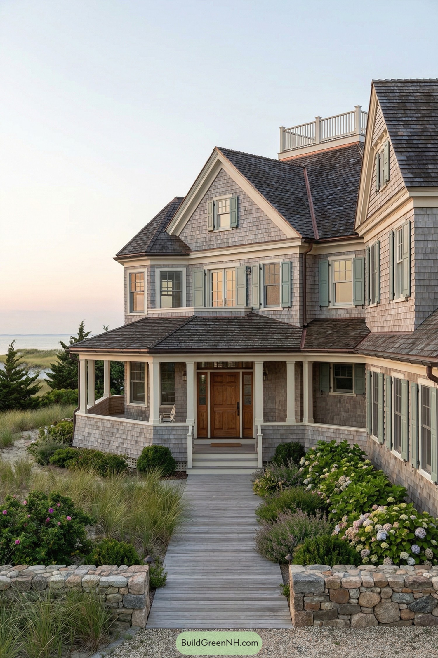 Large shingle style beach house with wraparound porch and lush coastal landscaping