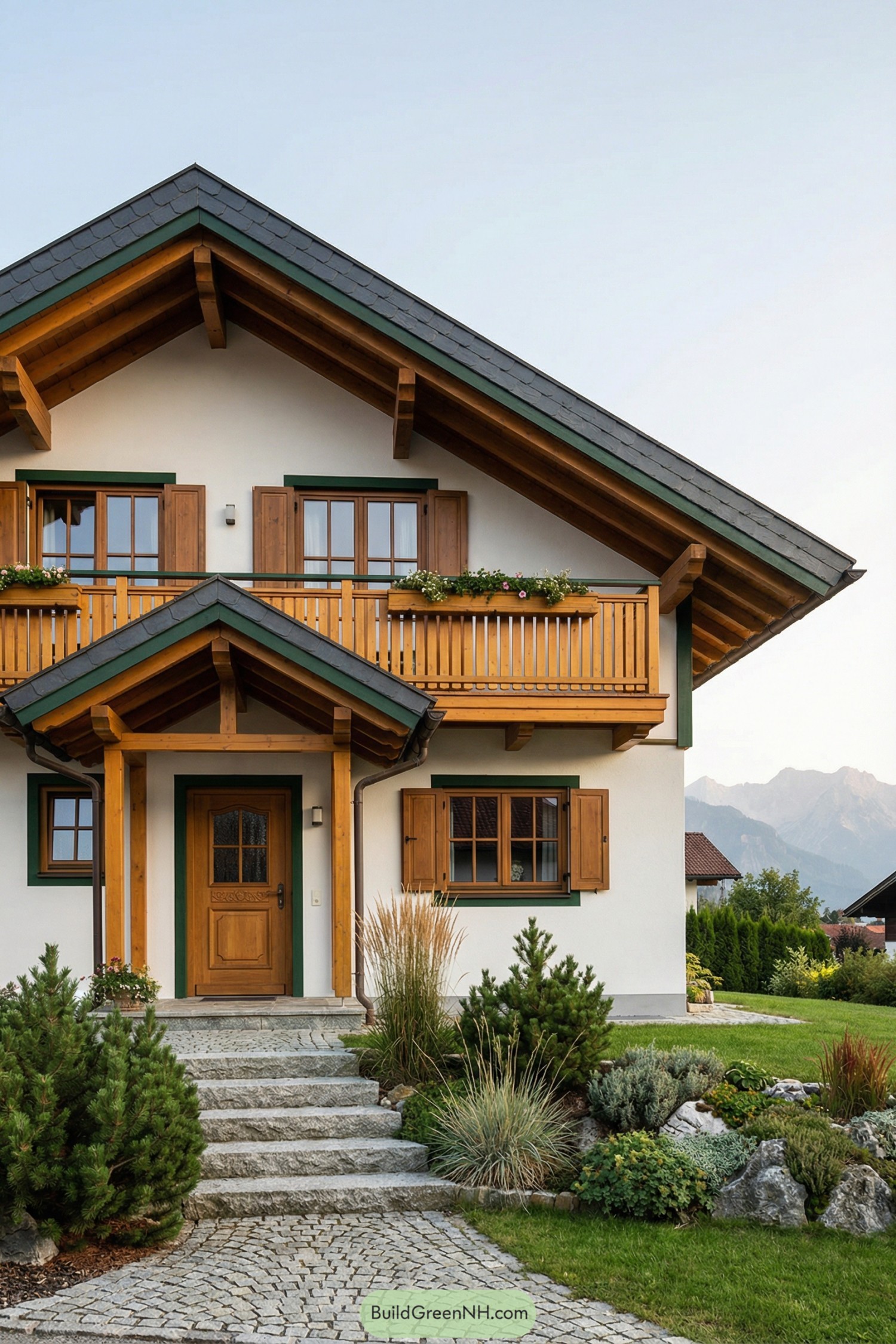 Cozy chalet style house with wood accents and lush front garden