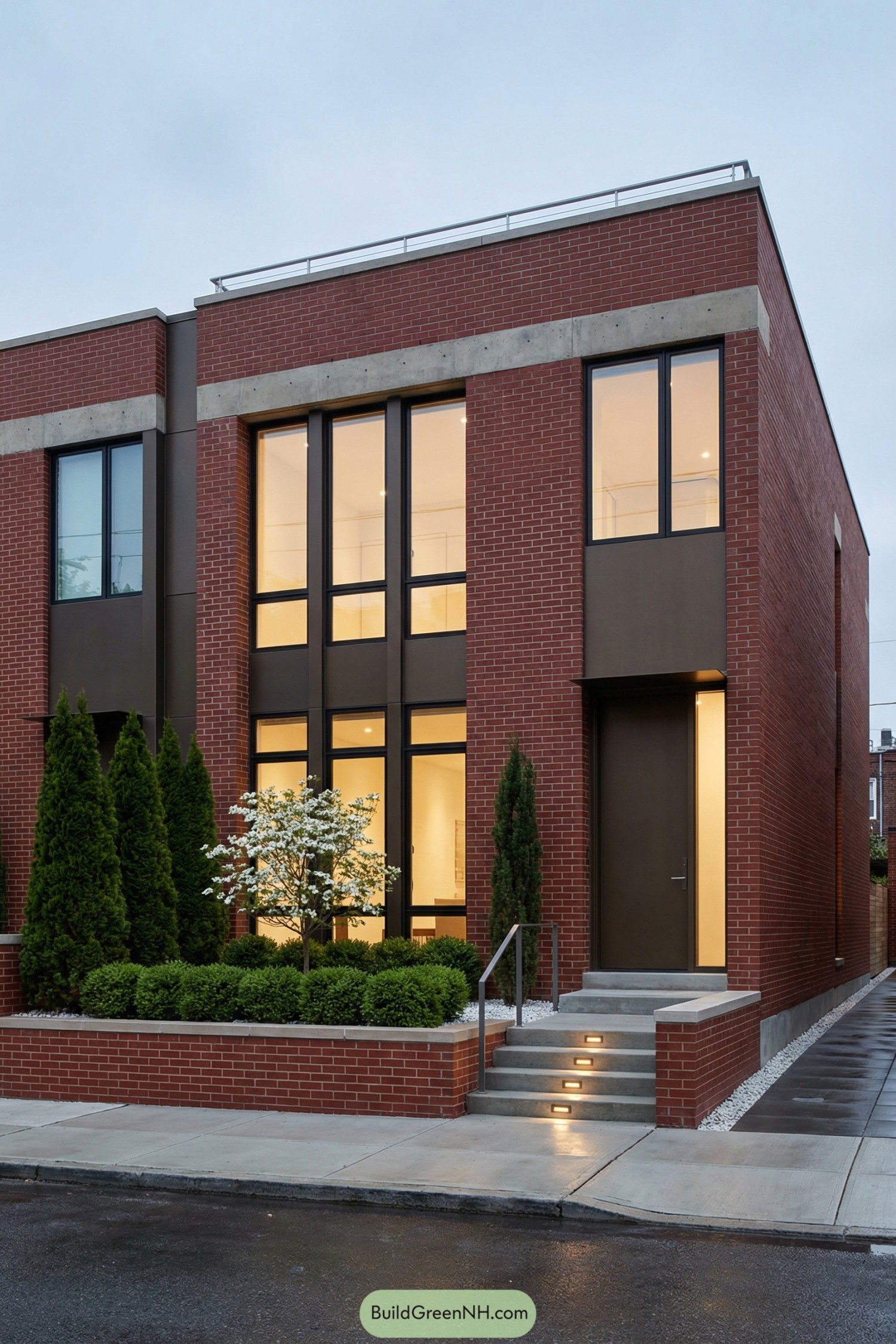 Modern brick townhouse with tall windows and small sculpted front garden