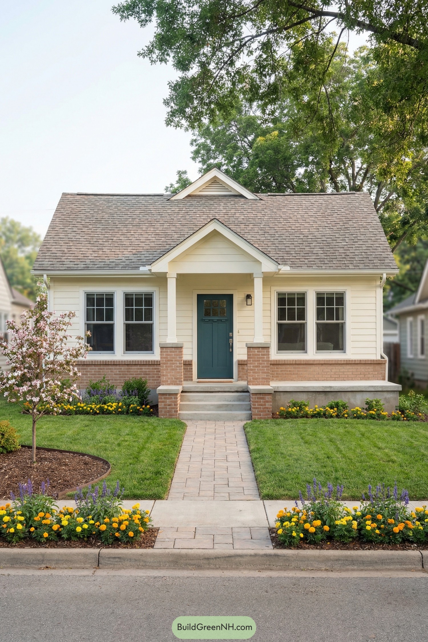 Small cream bungalow with teal front door, brick base, and neatly edged flower beds framing a straight walkway
