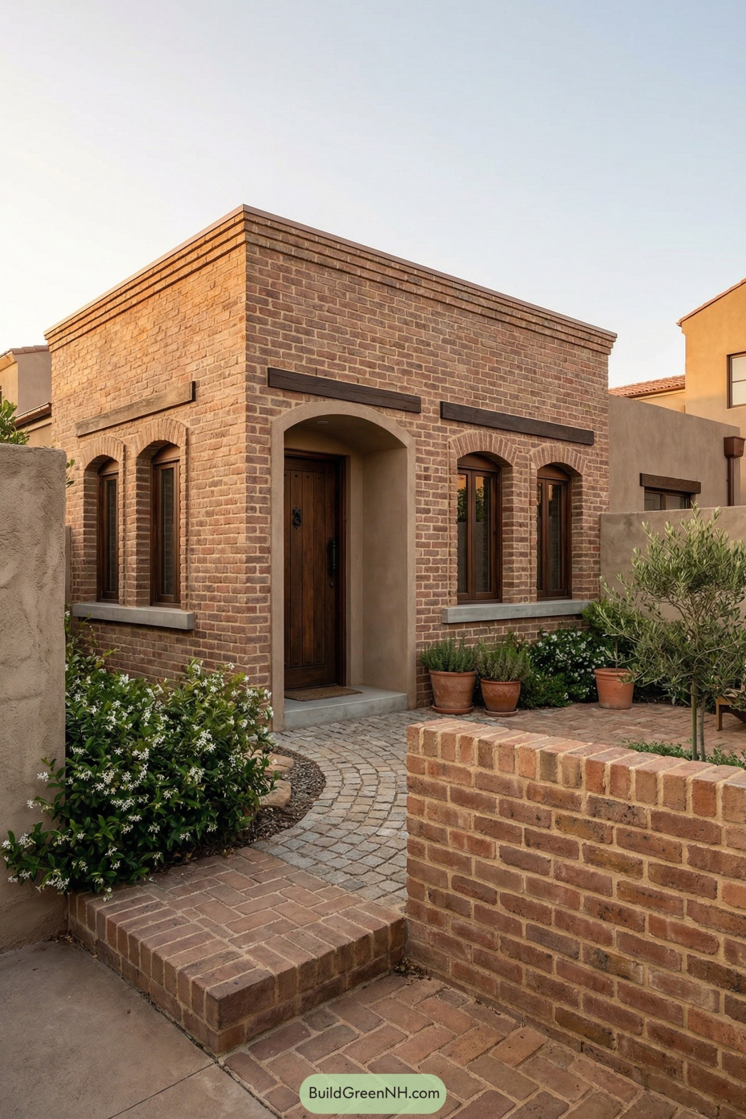 Small brick house with arched windows and a paved courtyard garden
