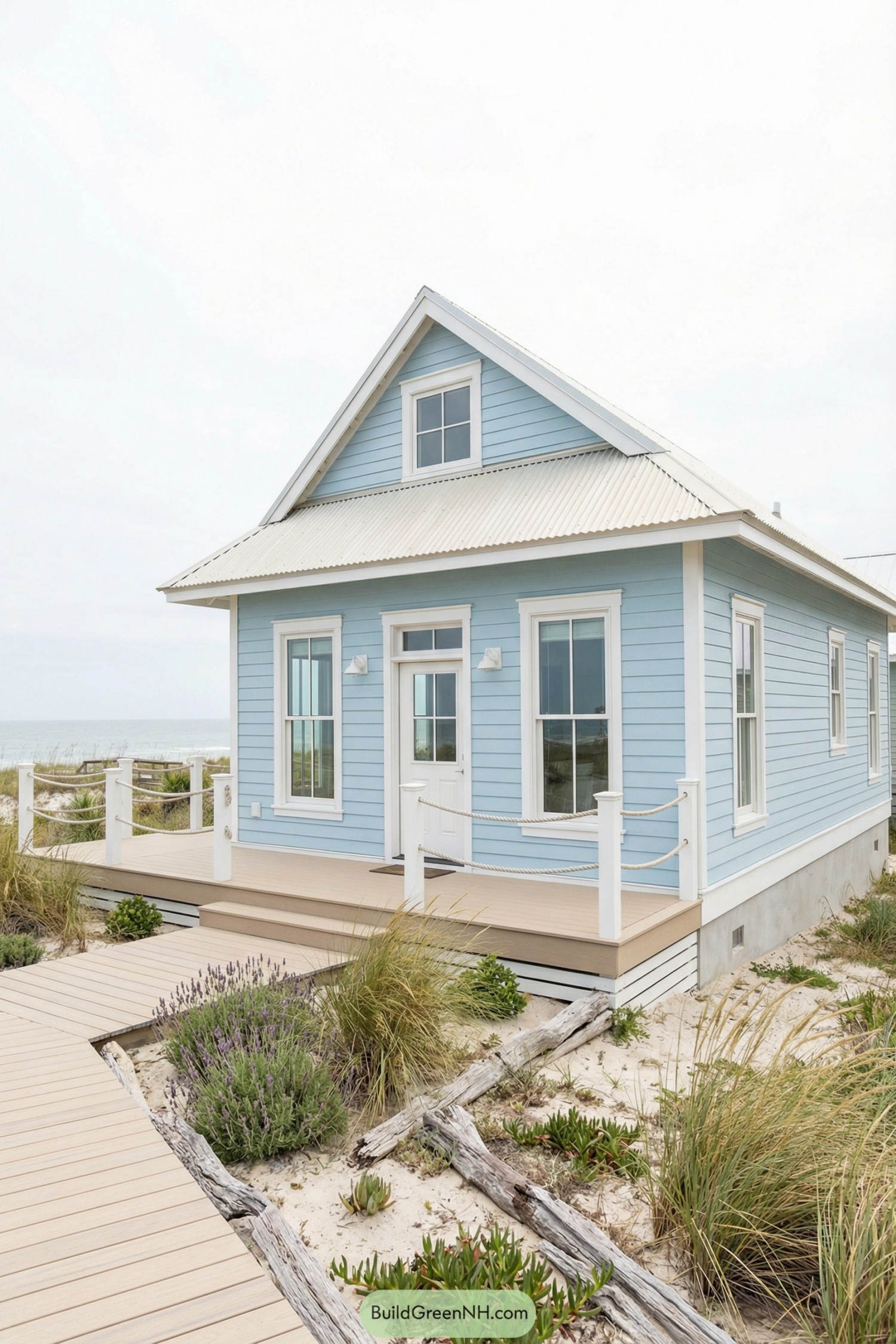 Light blue beach cottage with dune plants and boardwalk path in front