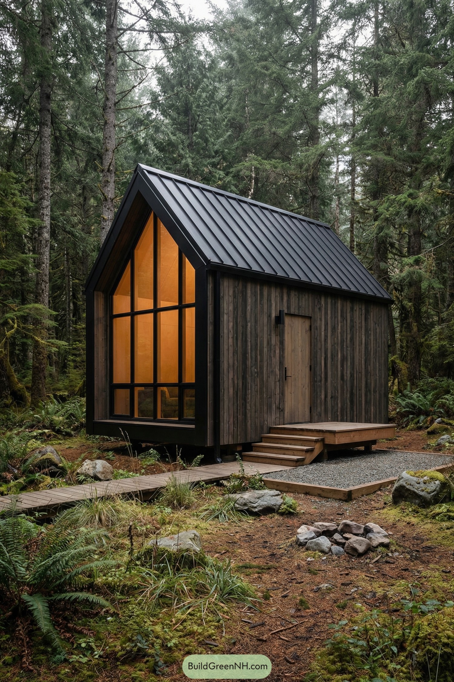 Small dark wood cabin with tall glass wall in dense forest clearing