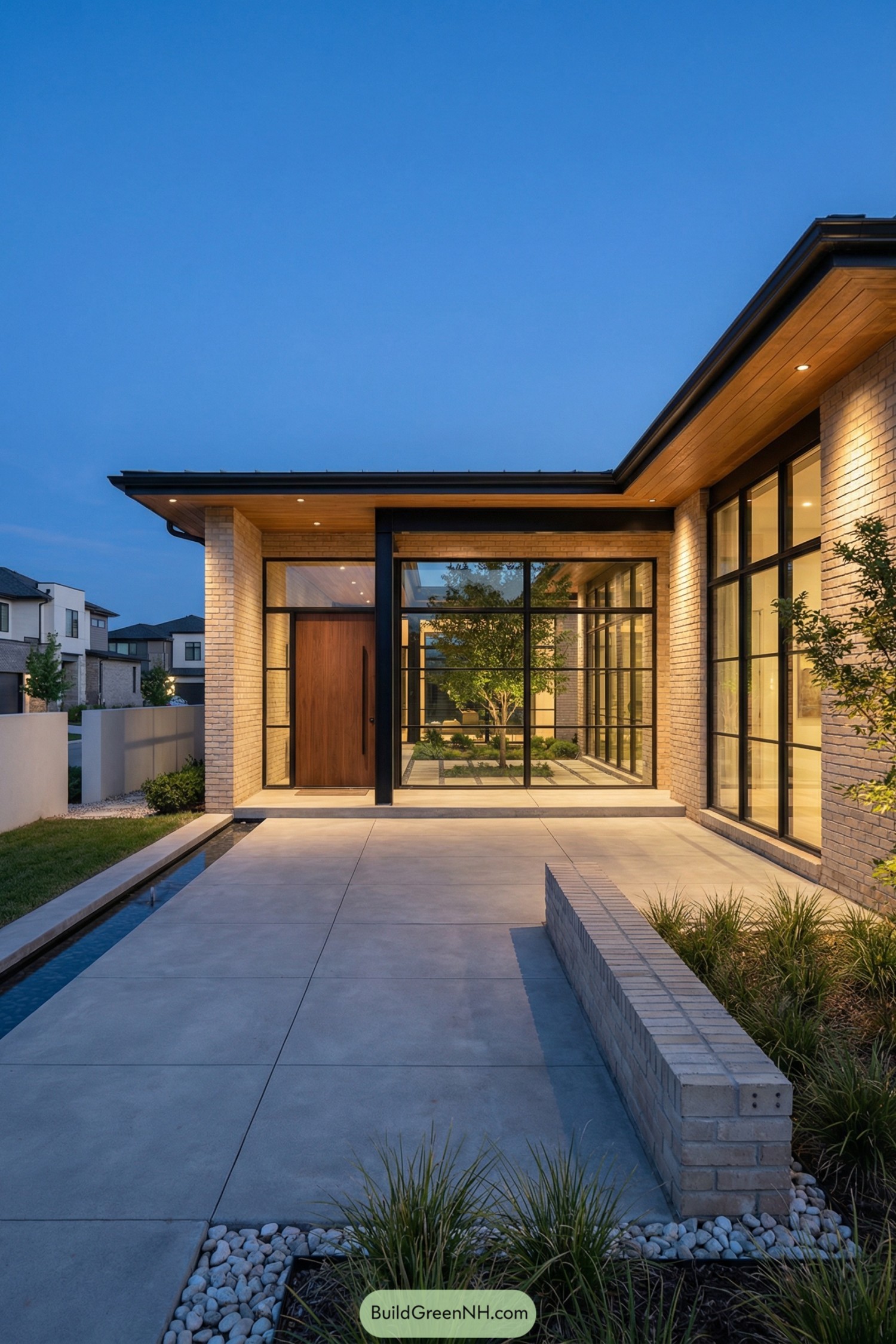 Modern flat roof brick house with tall glass walls and a slim water feature along a concrete entry court