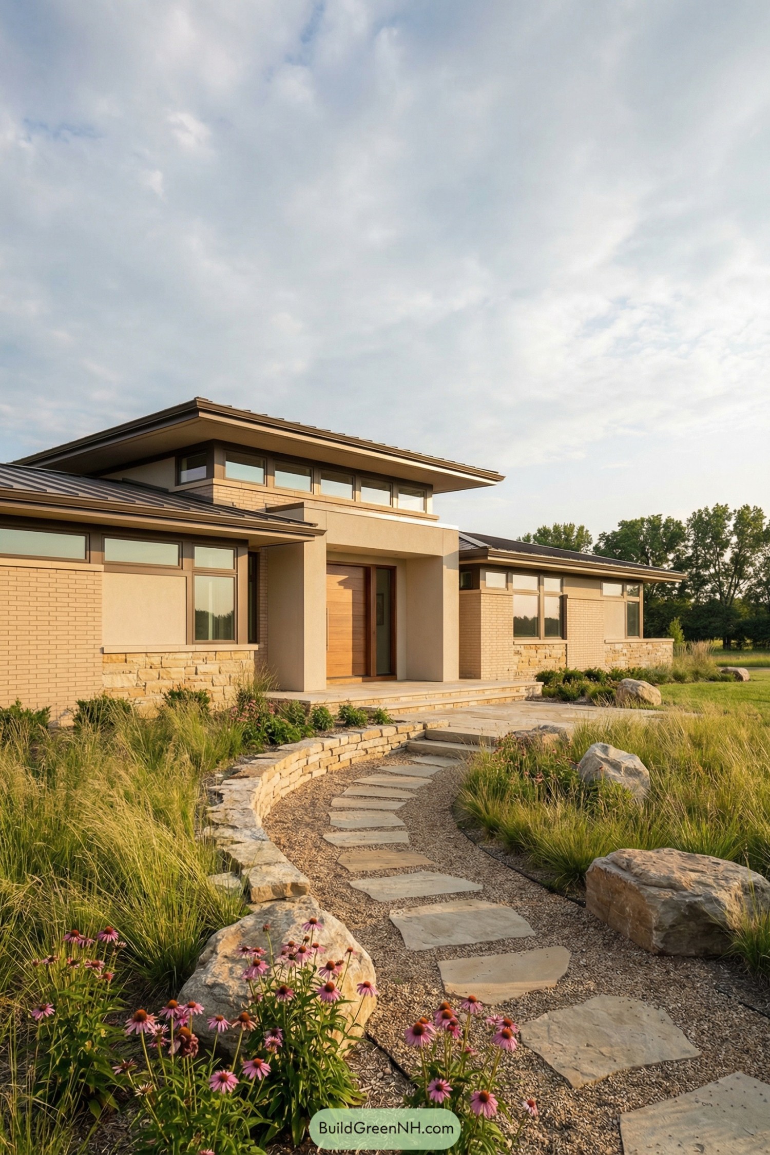 Contemporary low house with stone path and native-style front garden
