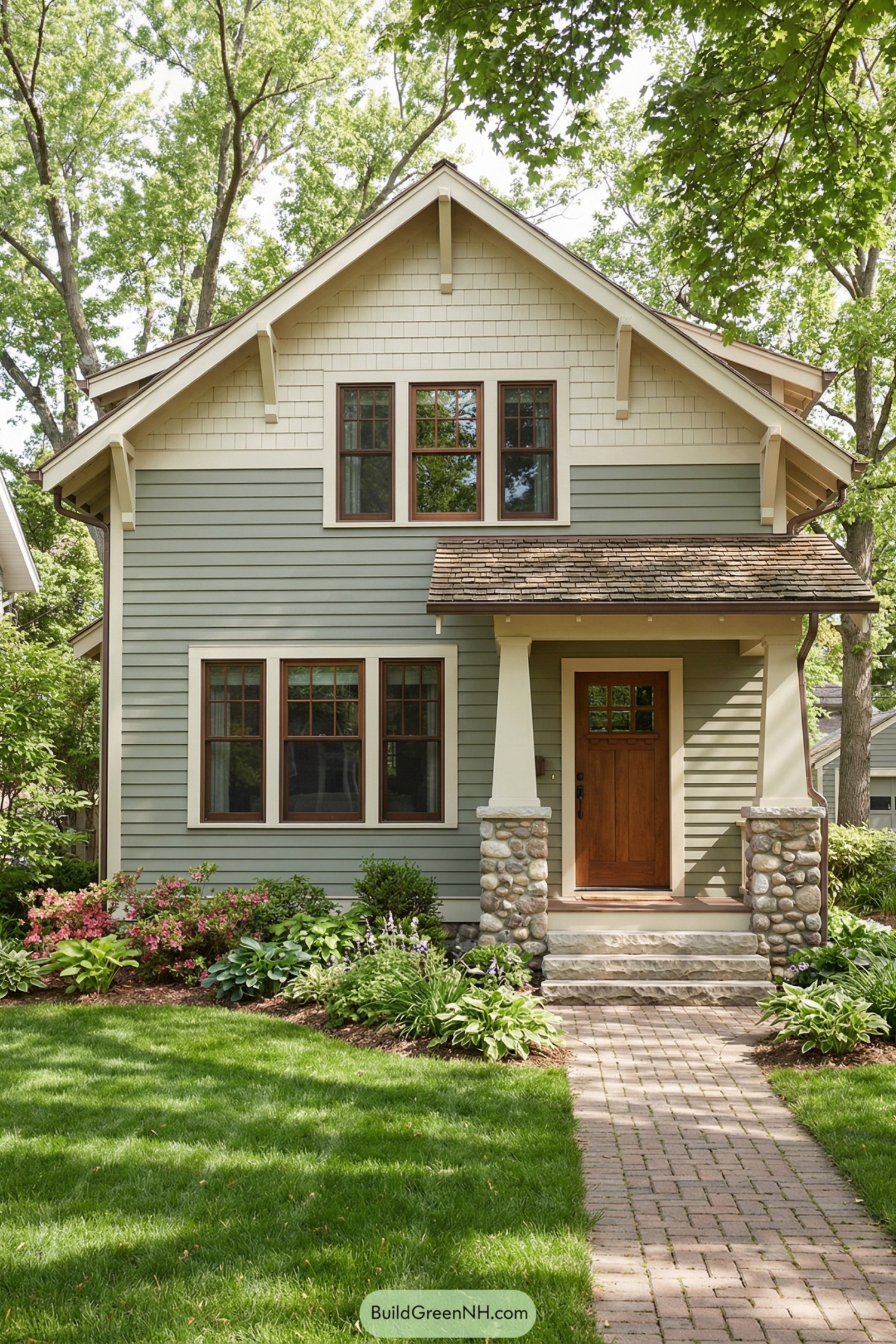 Two story green craftsman house with stone porch columns and lush front garden beds