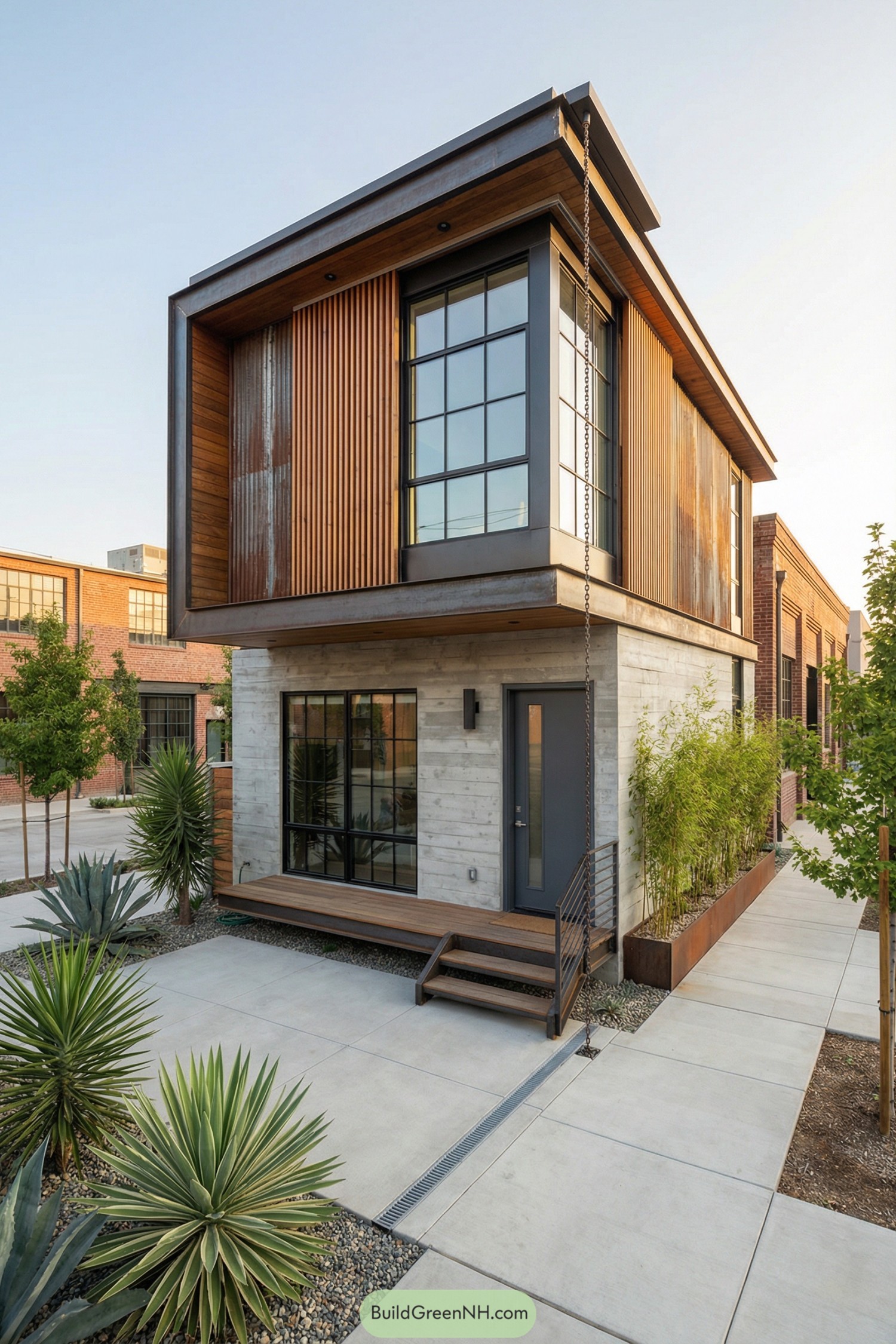 Modern two story house with large windows and a desert style garden in front