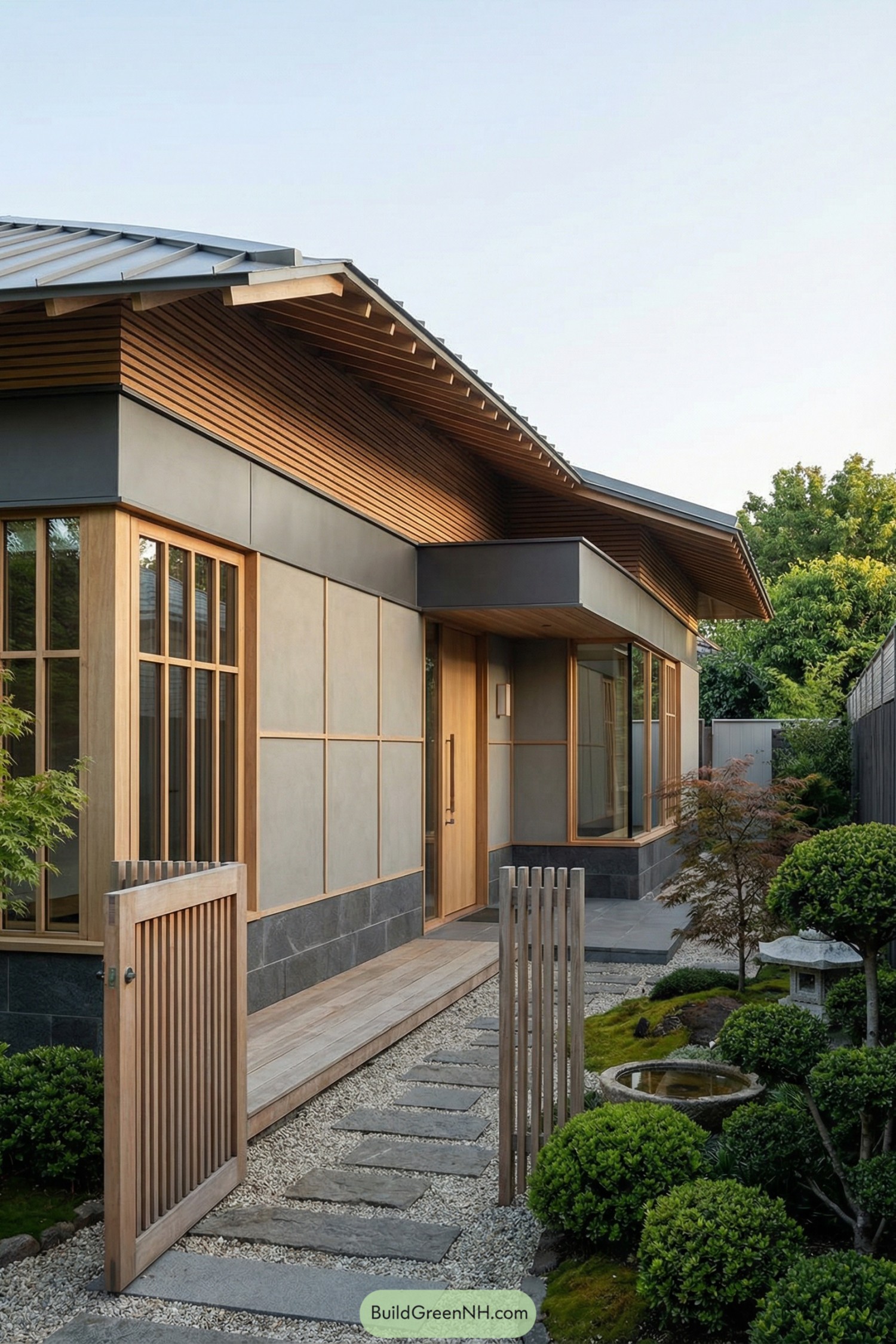 Modern Japanese inspired house with timber siding and minimalist garden path
