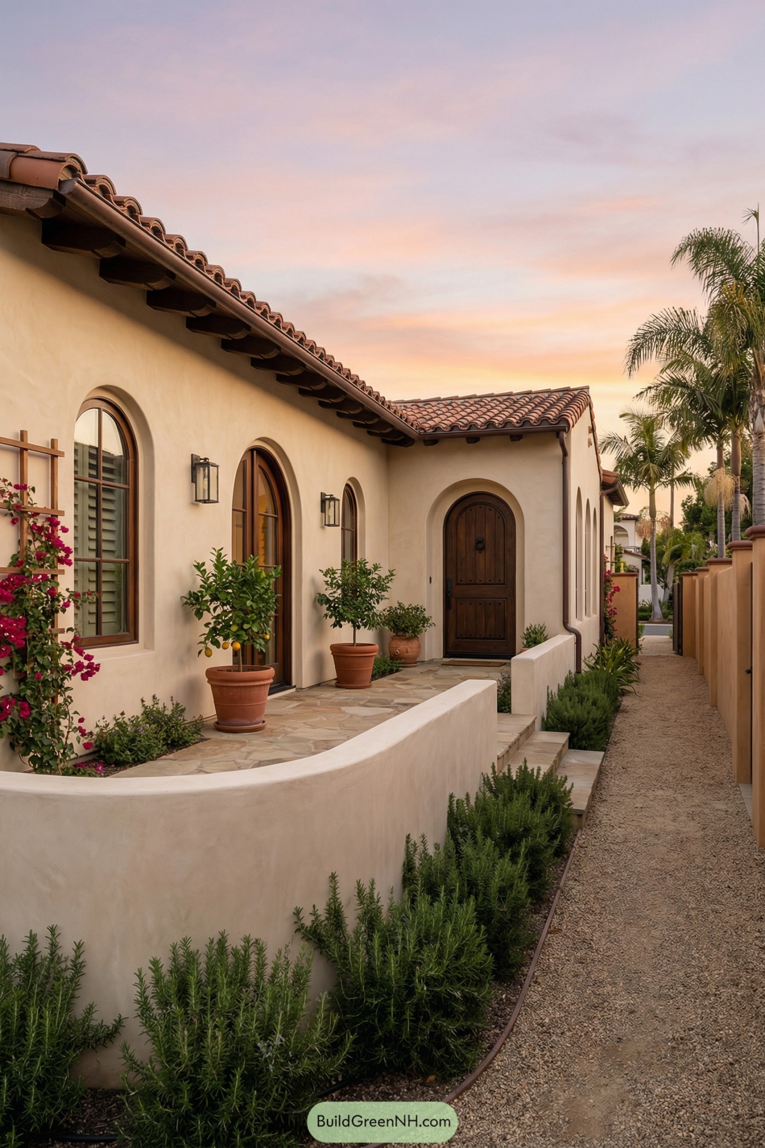 Stucco courtyard home with terracotta roof and potted garden