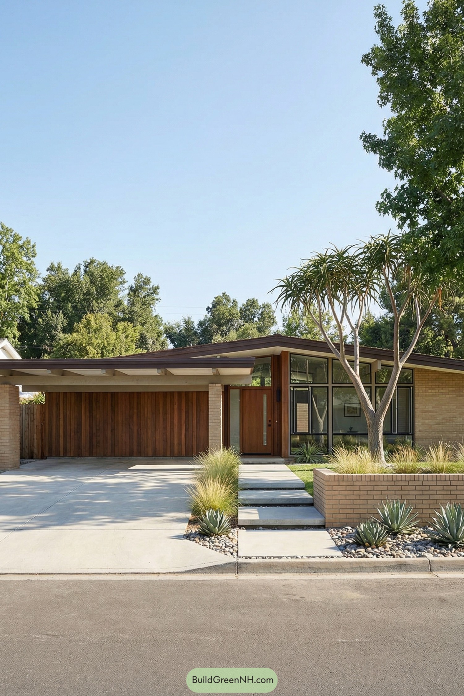 High-res photo of a simple mid-century modern ranch with a strong horizontal facade and clean geometric rhythm; colors of tan brick, walnut-stained wood panels, and off-white soffits with black window lines; long single-story bar volume with a shallow projecting carport-like canopy (without vehicles) and a recessed entry; materials of Roman brick, wood siding, and exposed concrete header beams; low-pitch roof with wide eaves in dark brown shingles; expansive picture windows with slim black frames and a few operable awning sections; solid wood front door with a vertical glass insert; broad concrete driveway apron transitioning to a floating-slab walkway and a small raised planter wall in brick; landscaping of ornamental grasses, agave clusters, river rock beds, and a sculptural specimen tree; surrounding environment of a quiet suburban lot with mature trees and a clean sidewalk edge; bright, clear daylight with crisp lines and gentle contrast, single real-life photo, high-resolution, architectural photography, soft lighting, cinematic composition, strictly no collages.