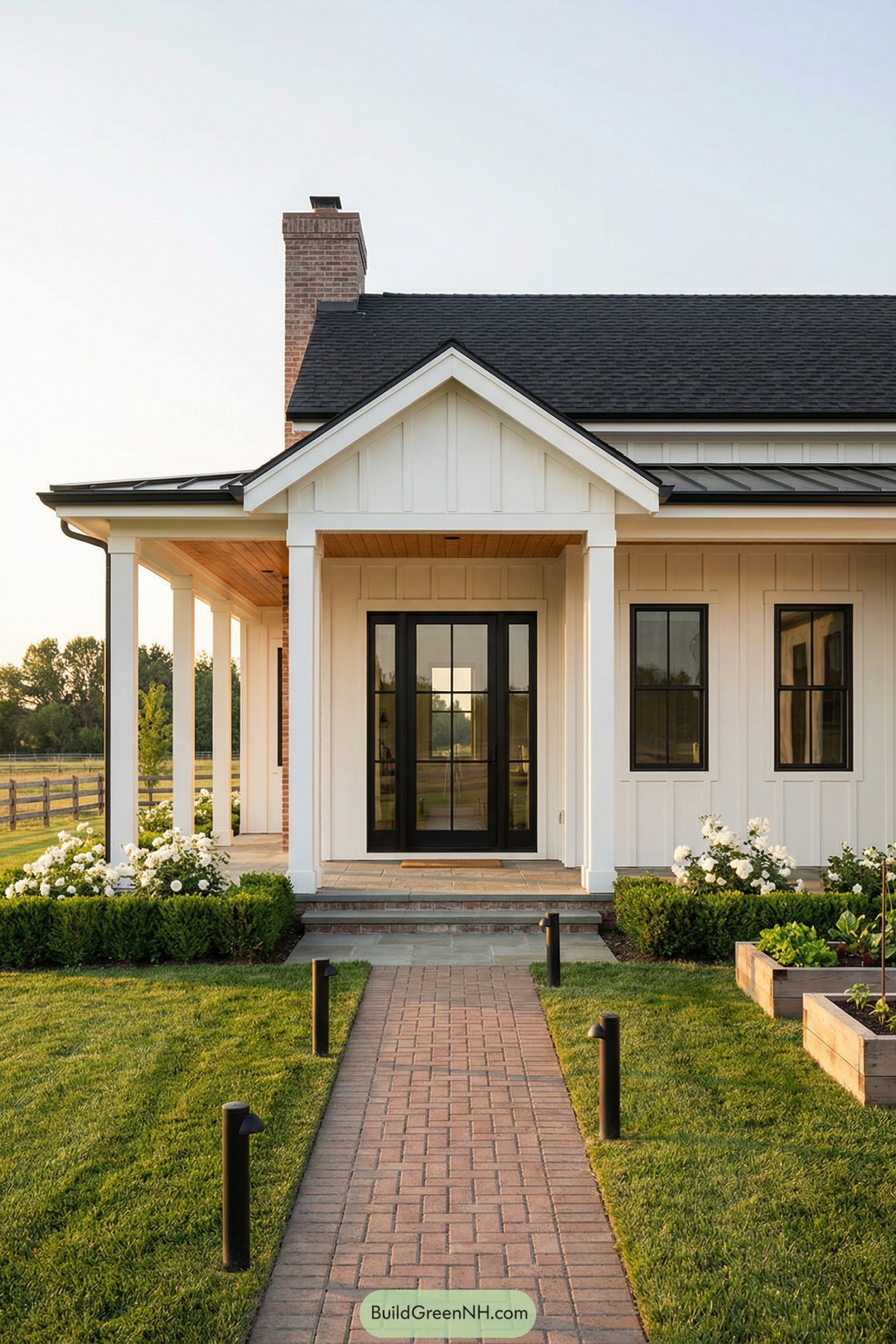 White farmhouse with front porch and neat lawn