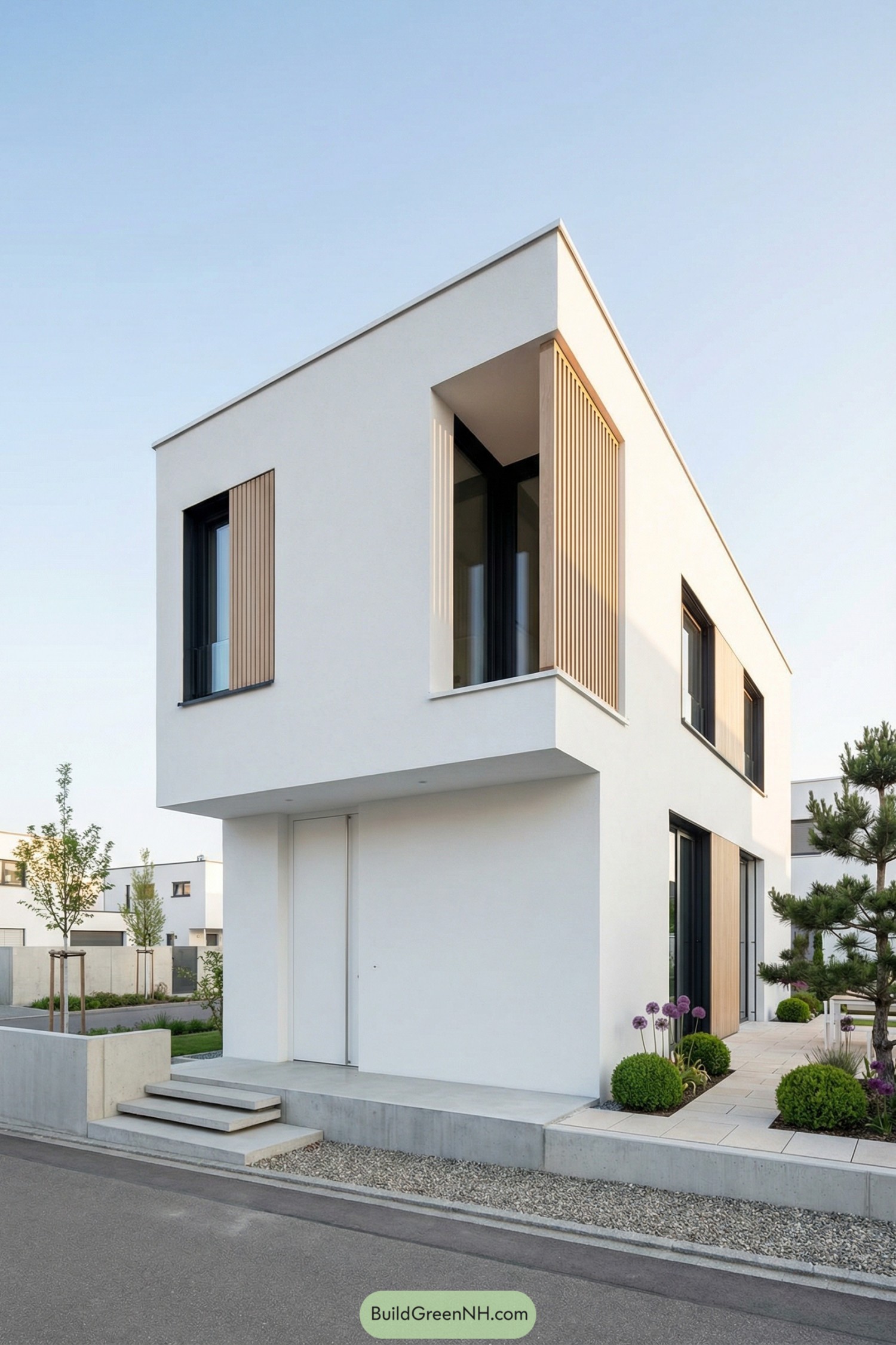 Two story white modern house with slim wood accents and a neat front garden