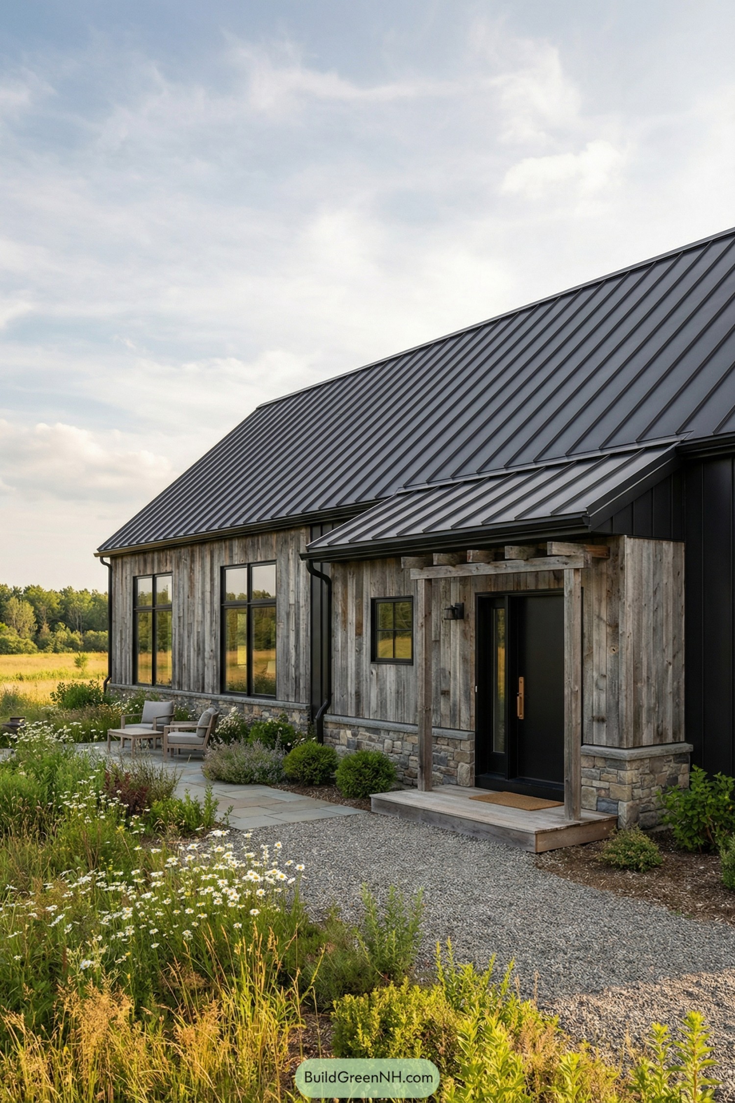 Modern barn-style house with meadow garden