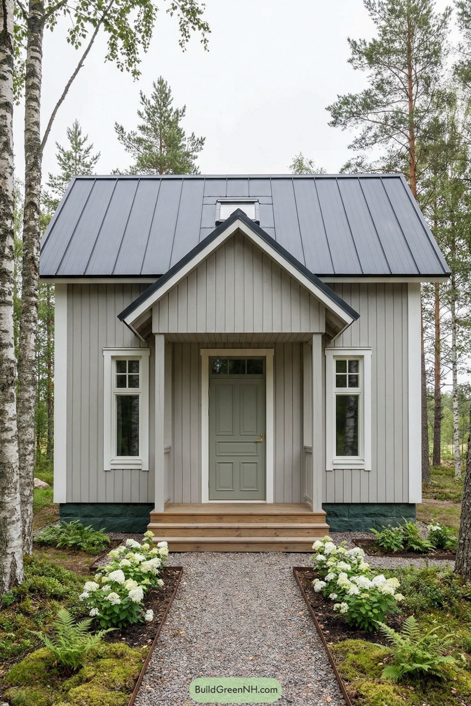 Small grey cottage with gabled porch and simple front garden path