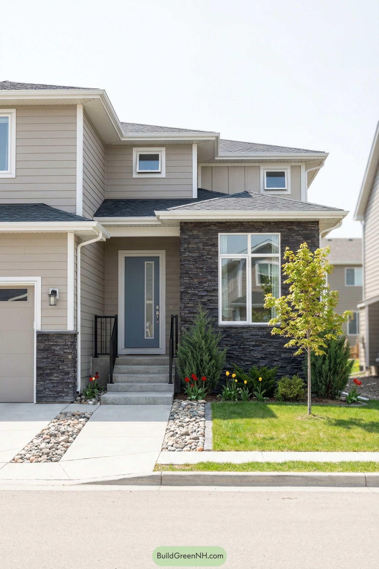 Two story suburban house with stone accented facade and small front garden along the walkway