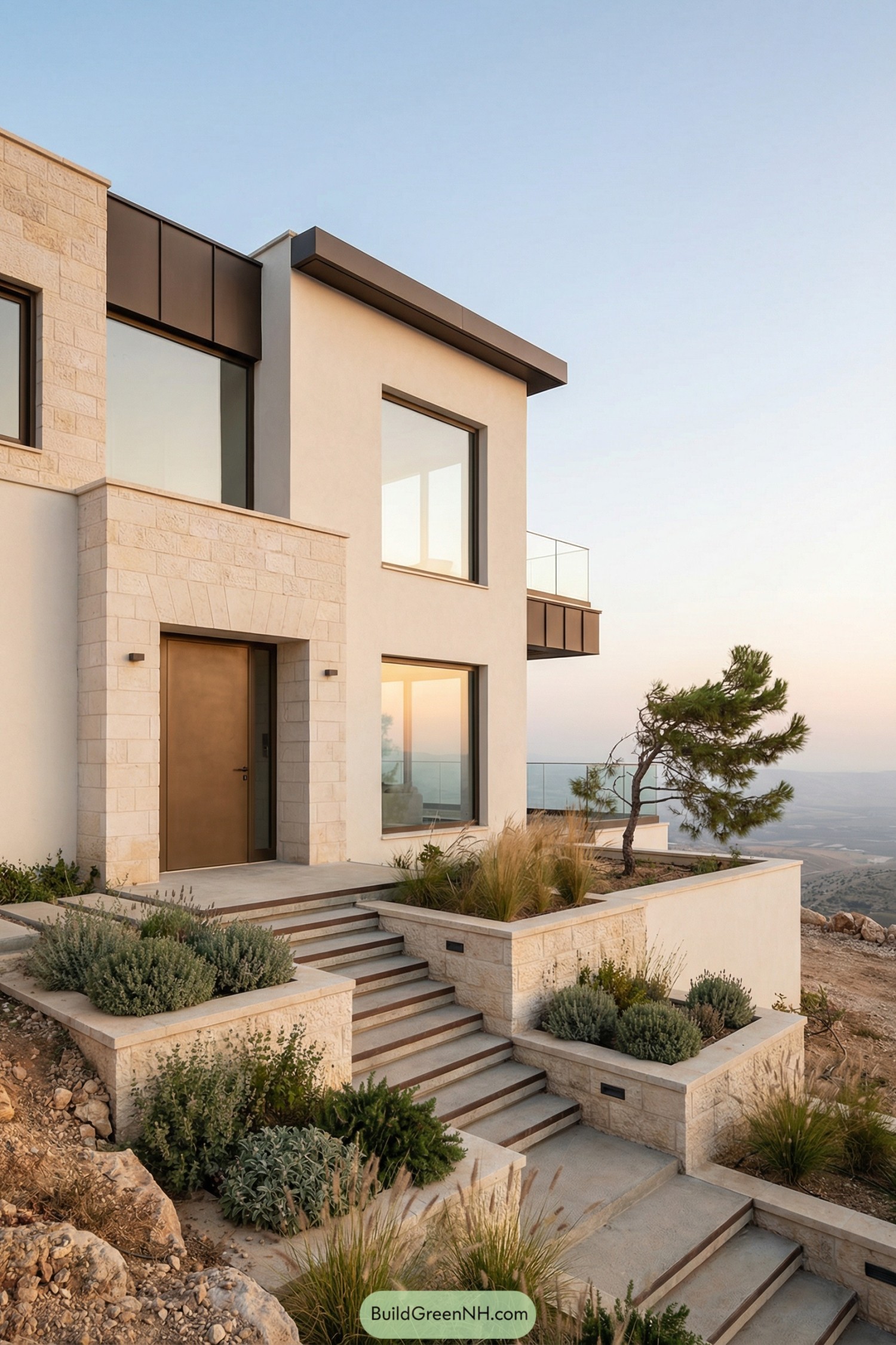 Modern hillside house with pale stone terraces and low drought tolerant garden