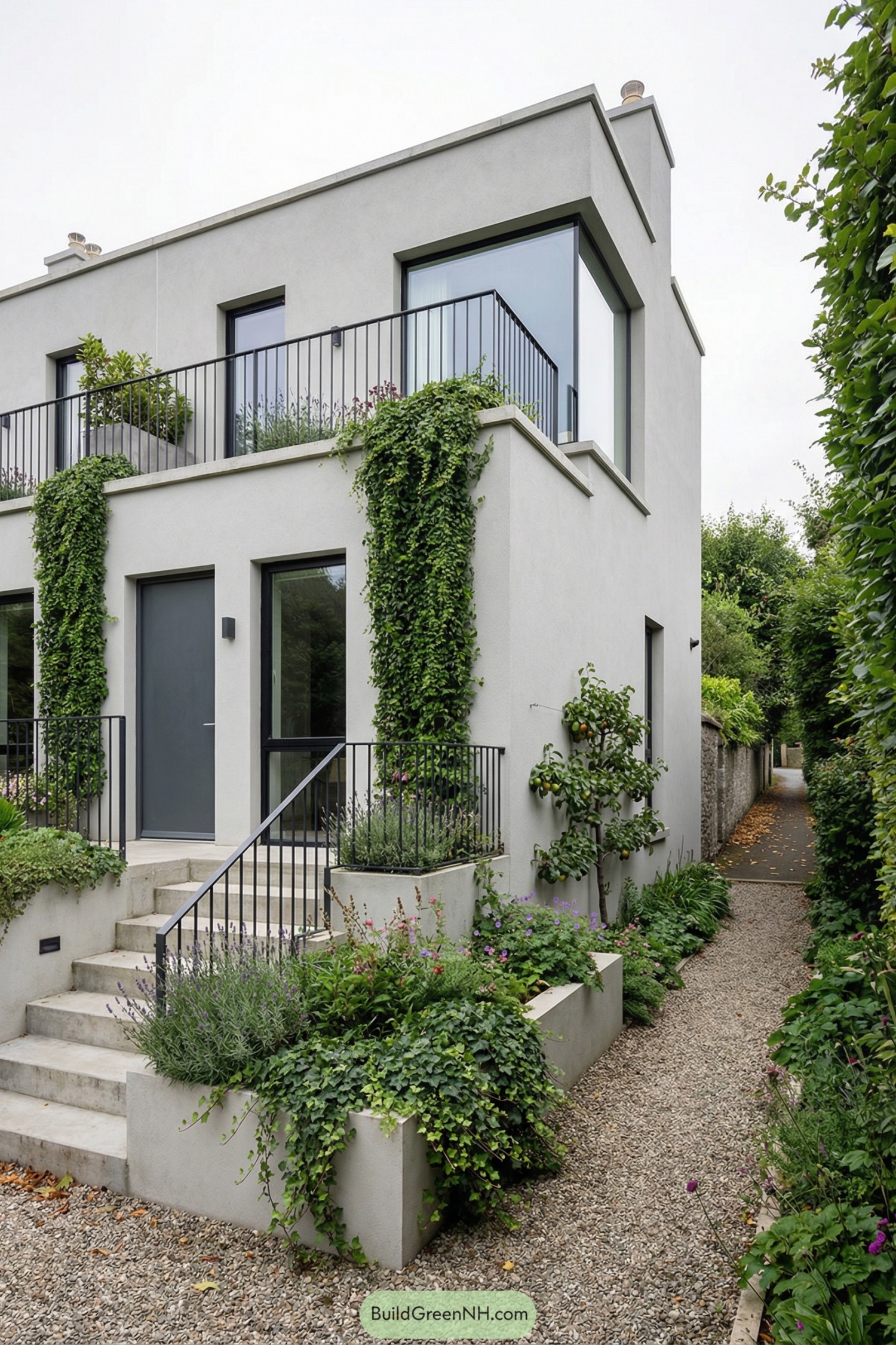 Modern two story cube house with vines and layered planters along a gravel side path