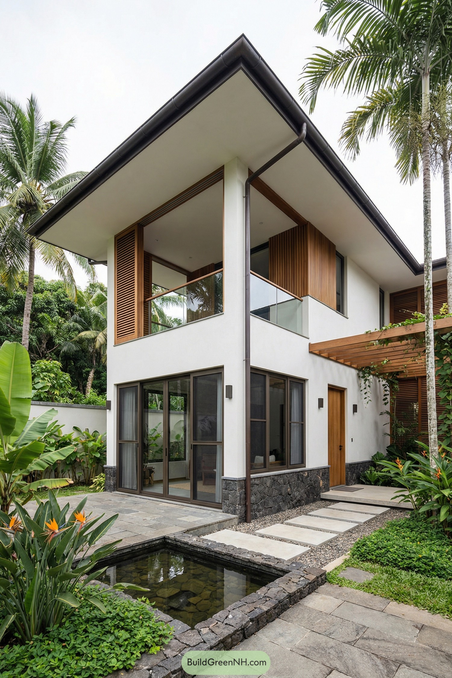 Two story modern house with wood accents set in a lush tropical garden and a small stone edged reflecting pond