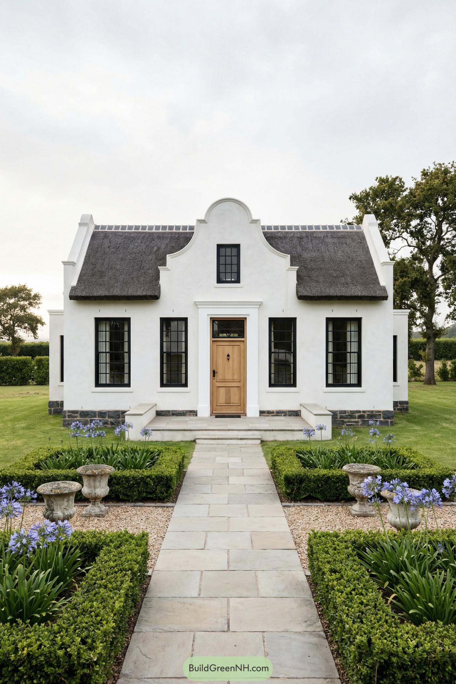 White Cape Dutch cottage with thatched roof and symmetrical garden path