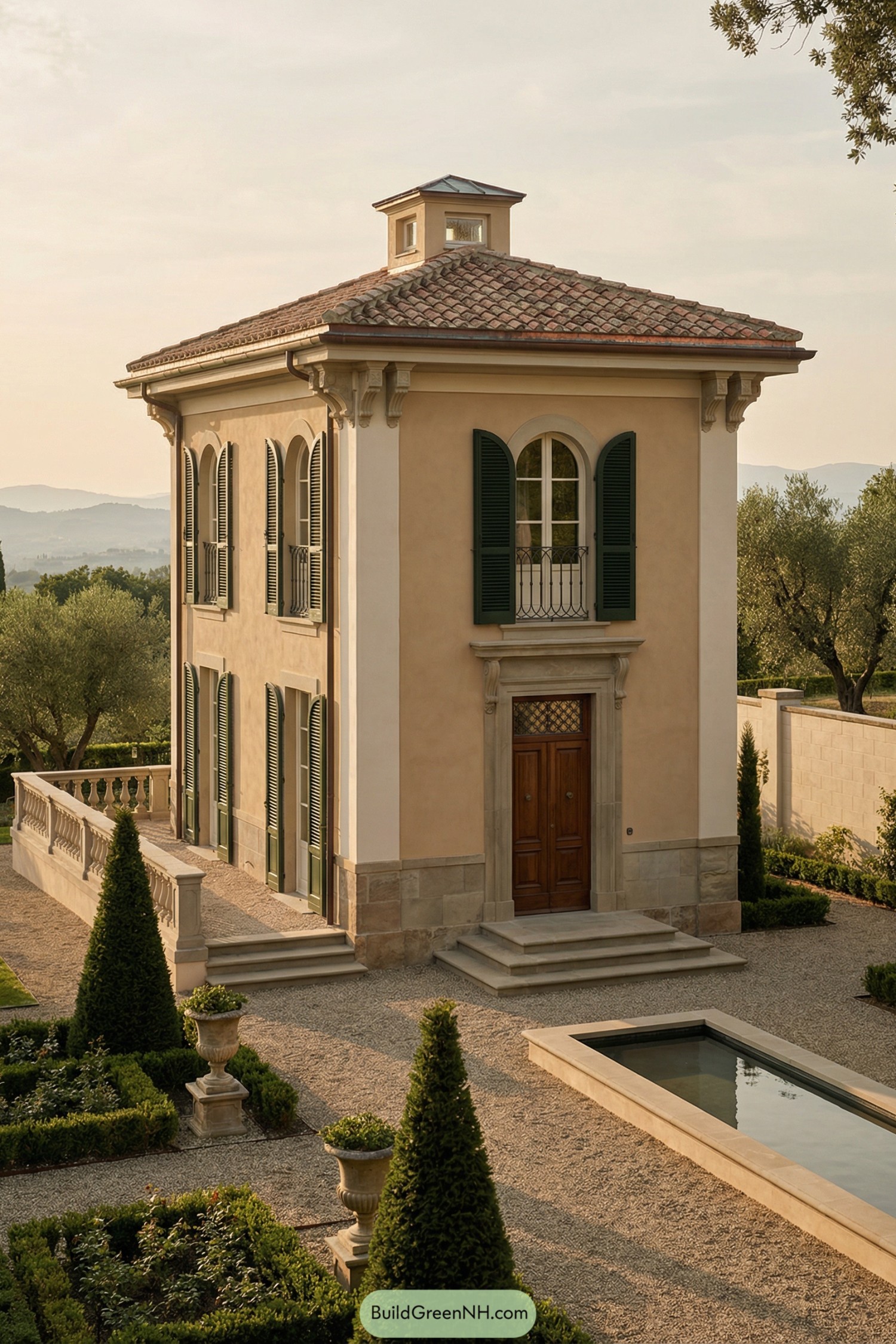 Tall stucco villa with green shutters beside a narrow reflecting pool in a formal gravel garden